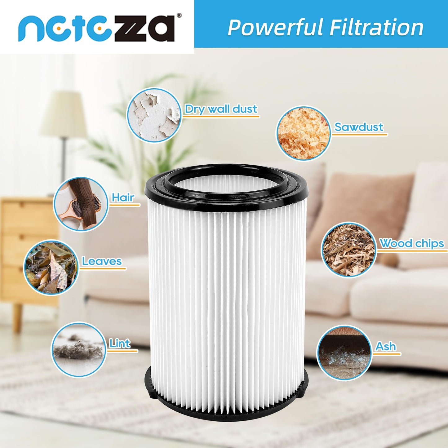 Netezza VF4000 Replacement for ridgd 72947 Standard Wet dry Vac 5-20 Gallon Vacuum Cleaner, Husky 6-9 Gallon with 4 pack Foam Sleeve,2 Pack VF4000 Filter and 1 Pack Brush