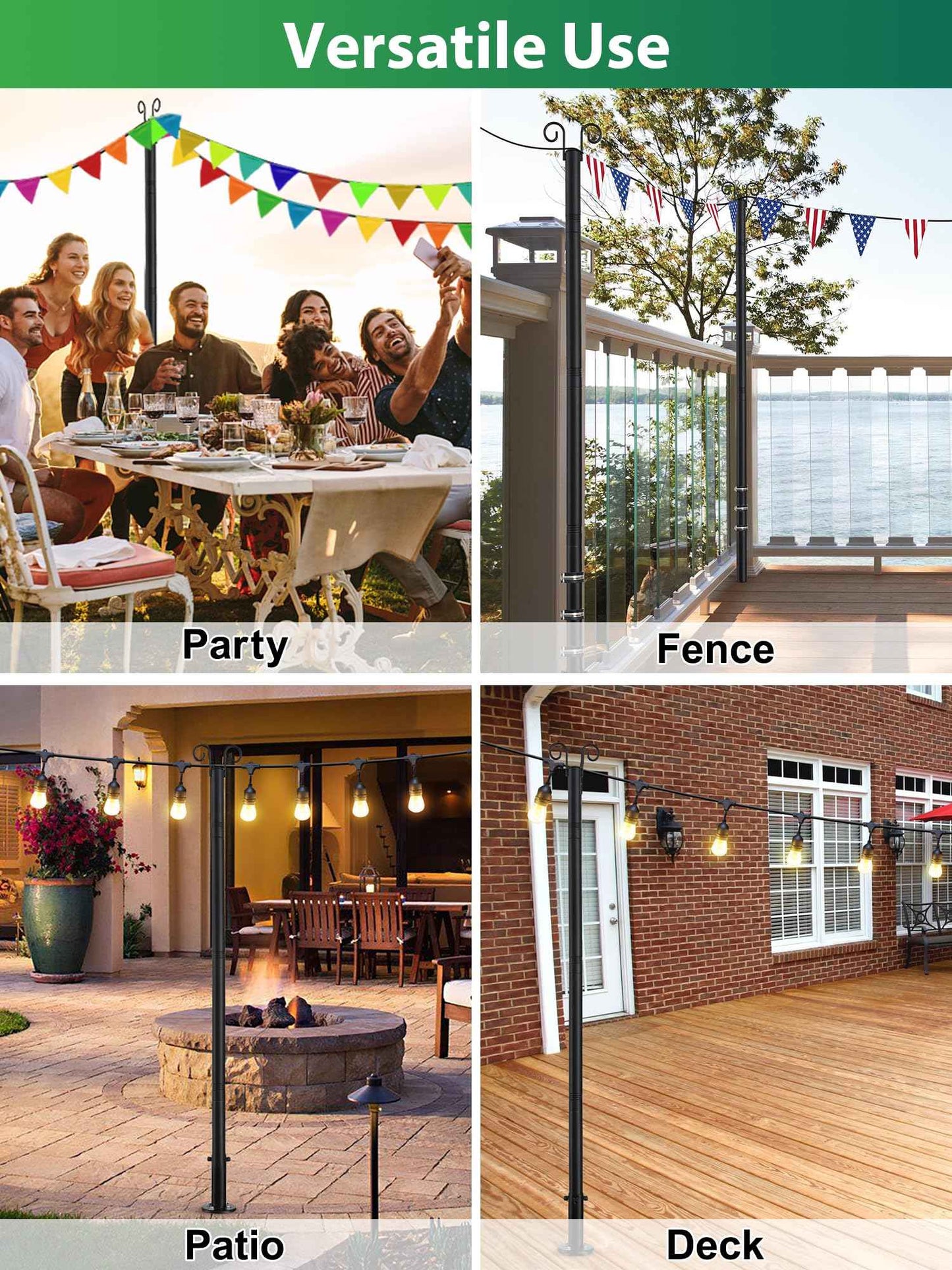 String Light Poles, 12.6 FT Light Poles for Outside Patio, Outdoor Deck Lighting Poles with Brackets for Fence and Base for Wood Concrete Mount, Heavy Duty Metal Stand Hanging Garden Party Decoration