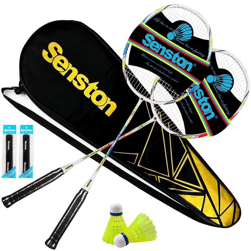 Senston Carbon Fiber Composite Badminton Rackets Set of 2 – Lightweight Pre-Strung Racquets for Beginners, Casual Outdoor Play & Family Fun, with Shuttlecocks, Replacement Grips & Carry Bag