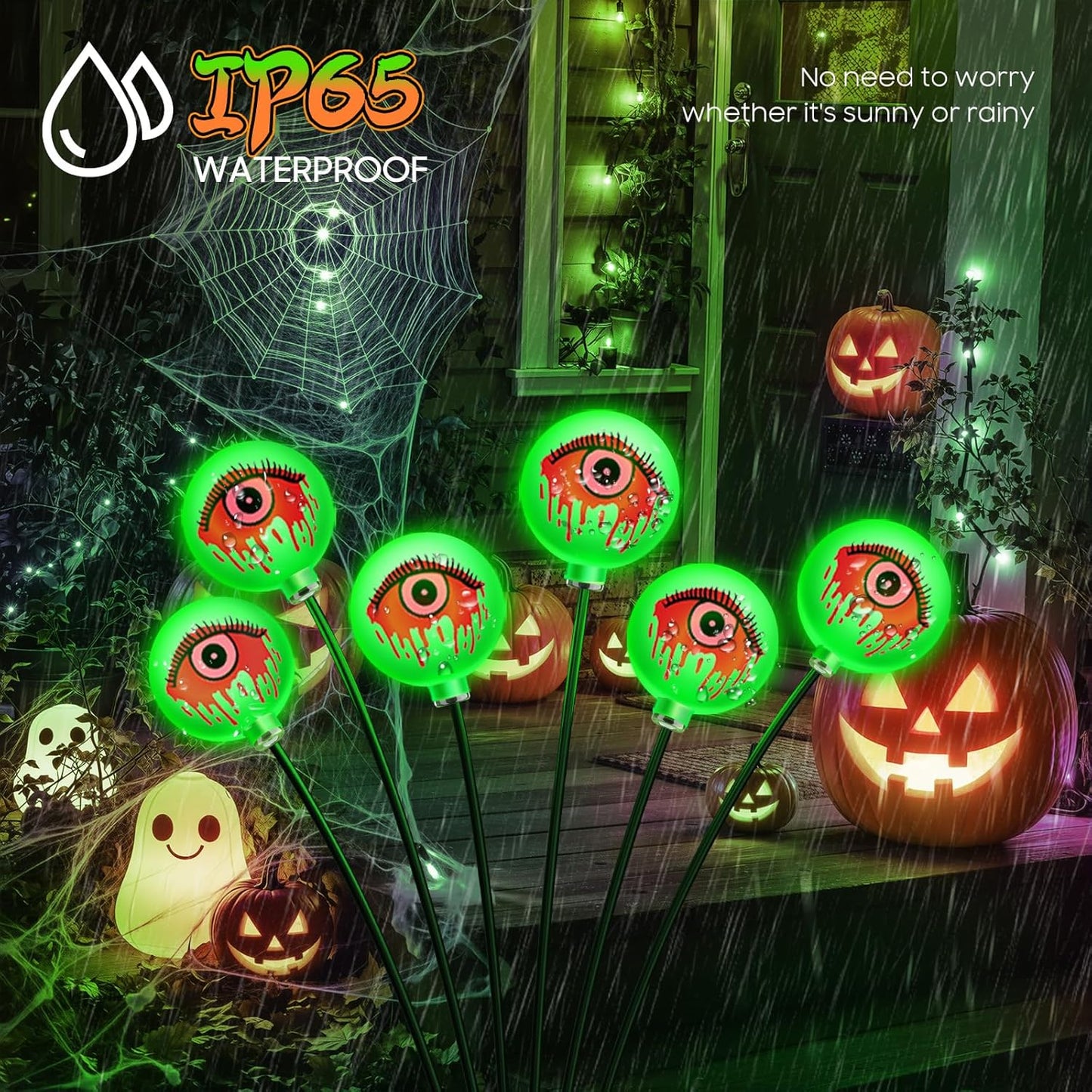 Solar Halloween Eyeball Lights - 6 Pack 36 LED Green Scary Pathway Decor