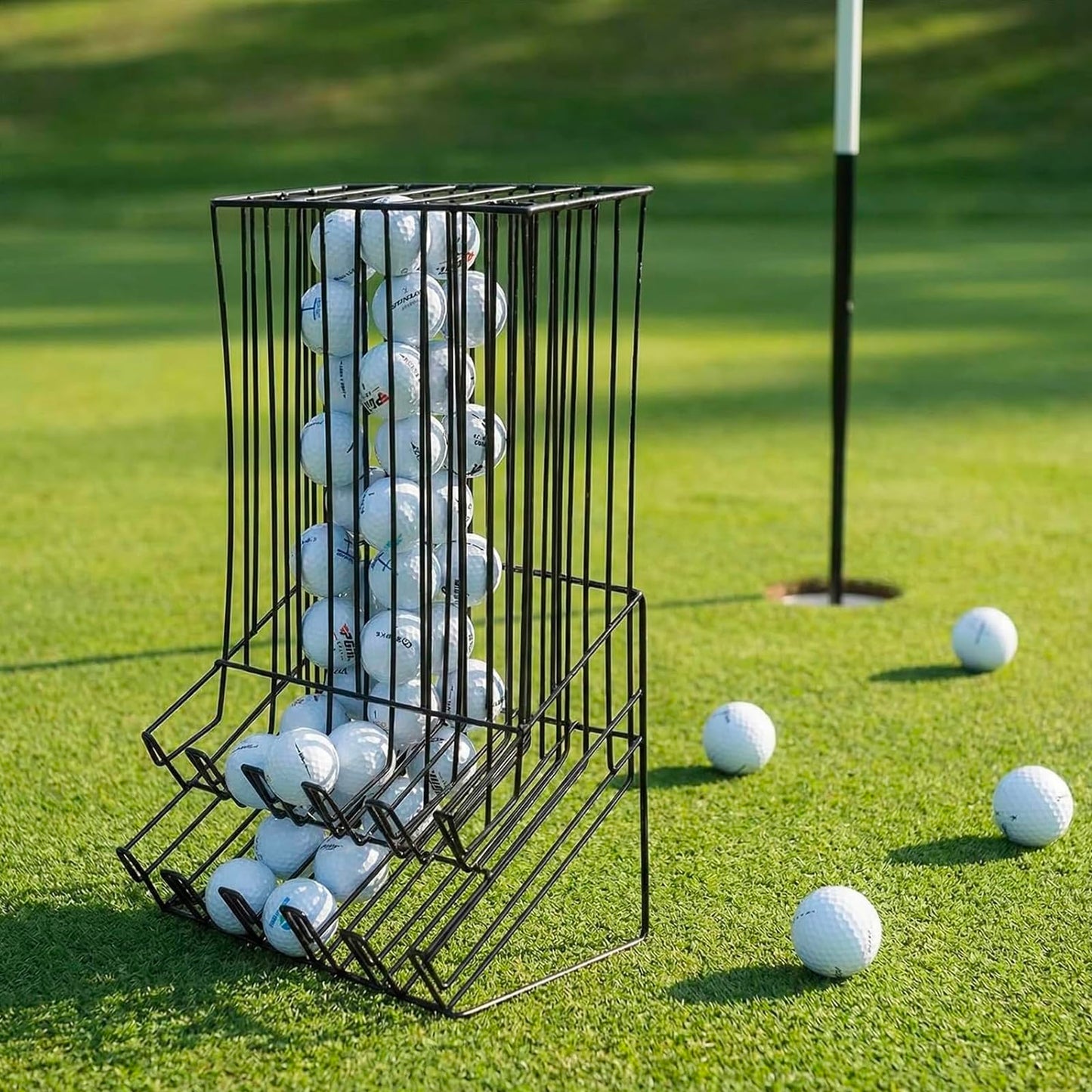 MyGift Golf Ball Dispenser, 90 Capacity Golf Ball Storage Container Matte Black Metal Wire Organizer Basket and Countertop Display Rack