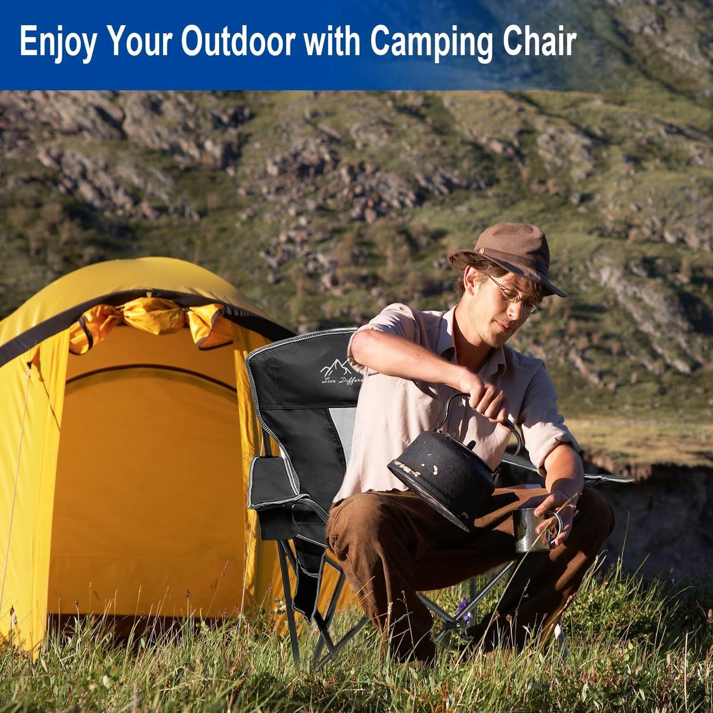 Skiennix Outdoor Folding Camping Chair - Breathable Mesh, 400lbs Capacity, Includes Cup Holder & Storage Bag | Black