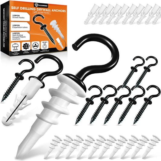 X-CUIRASS [Upgraded] 10 PCS Screw Hooks with Self-Drilling Drywall Anchors, Plastic Expansion Tubes Included, Heavy Duty Eye Hook, Screw in Hook for Hanging Plants, String Lights, Cup, Key