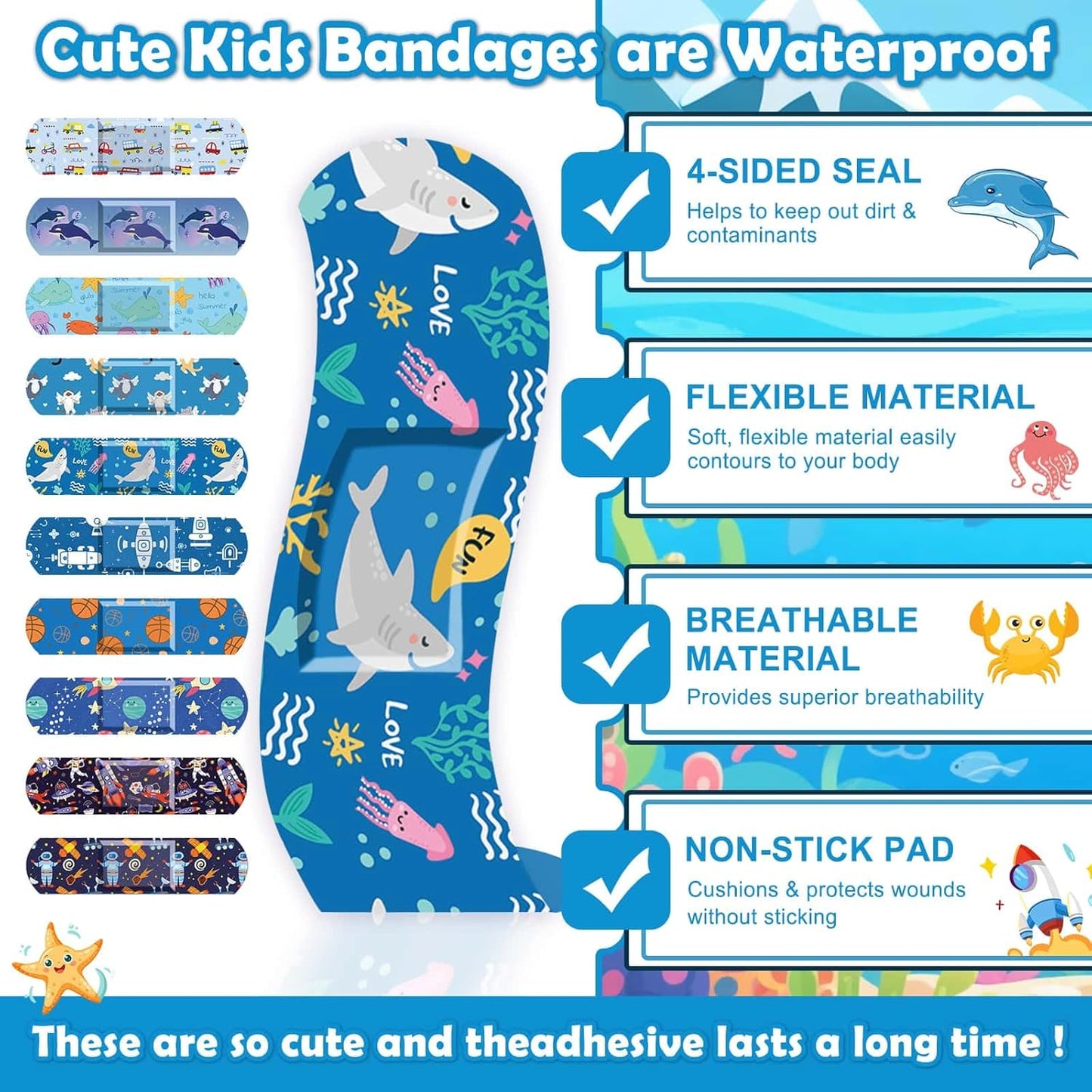Sublaga Kids Cartoon Bandages - 300 Pcs Waterproof Adhesive Bandages for Scrapes & Cuts | Colorful & Flexible