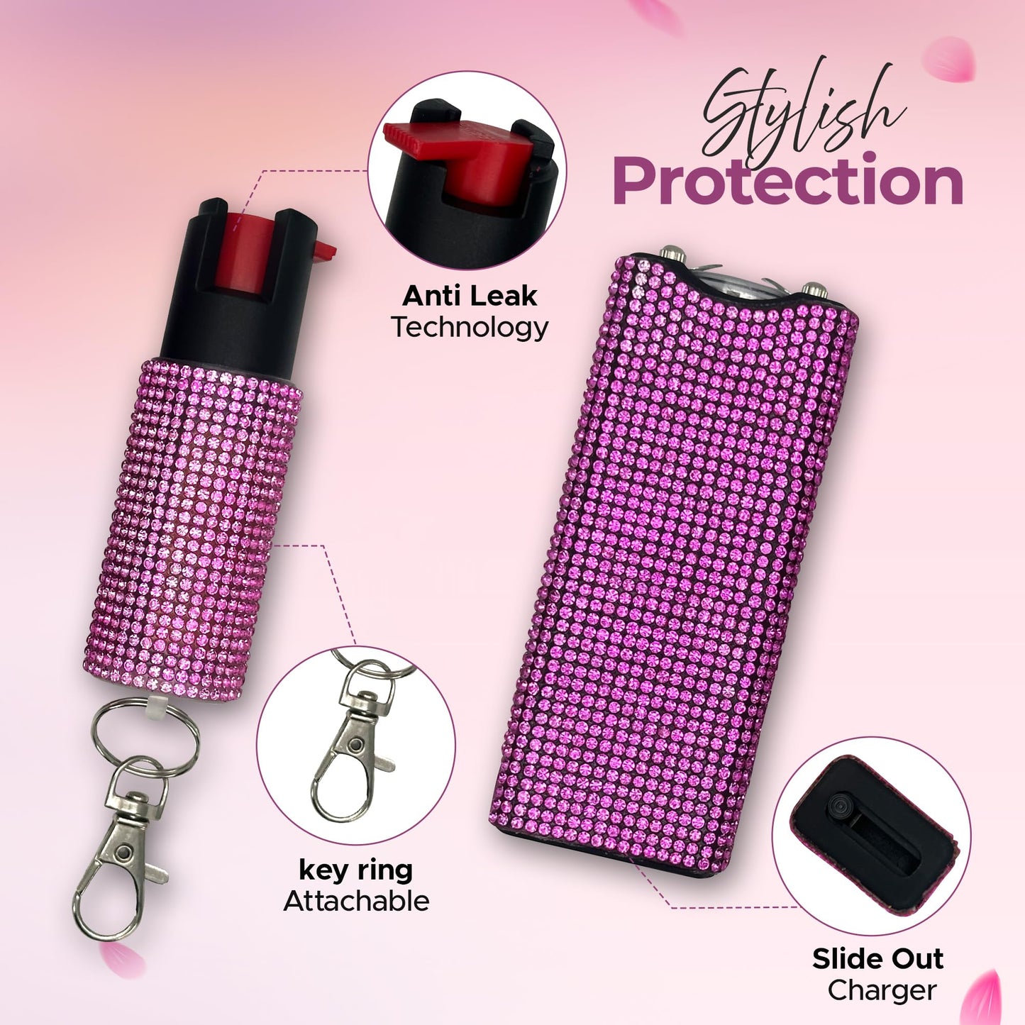 FURY Gem Stone Pepper Spray Stun Gun Combo - Stylish Multi-Color, 12ft Range, UV Dye Identifier, Flashlight, Rechargeable, Self-Defense Kit, Personal Safety, (Pink)