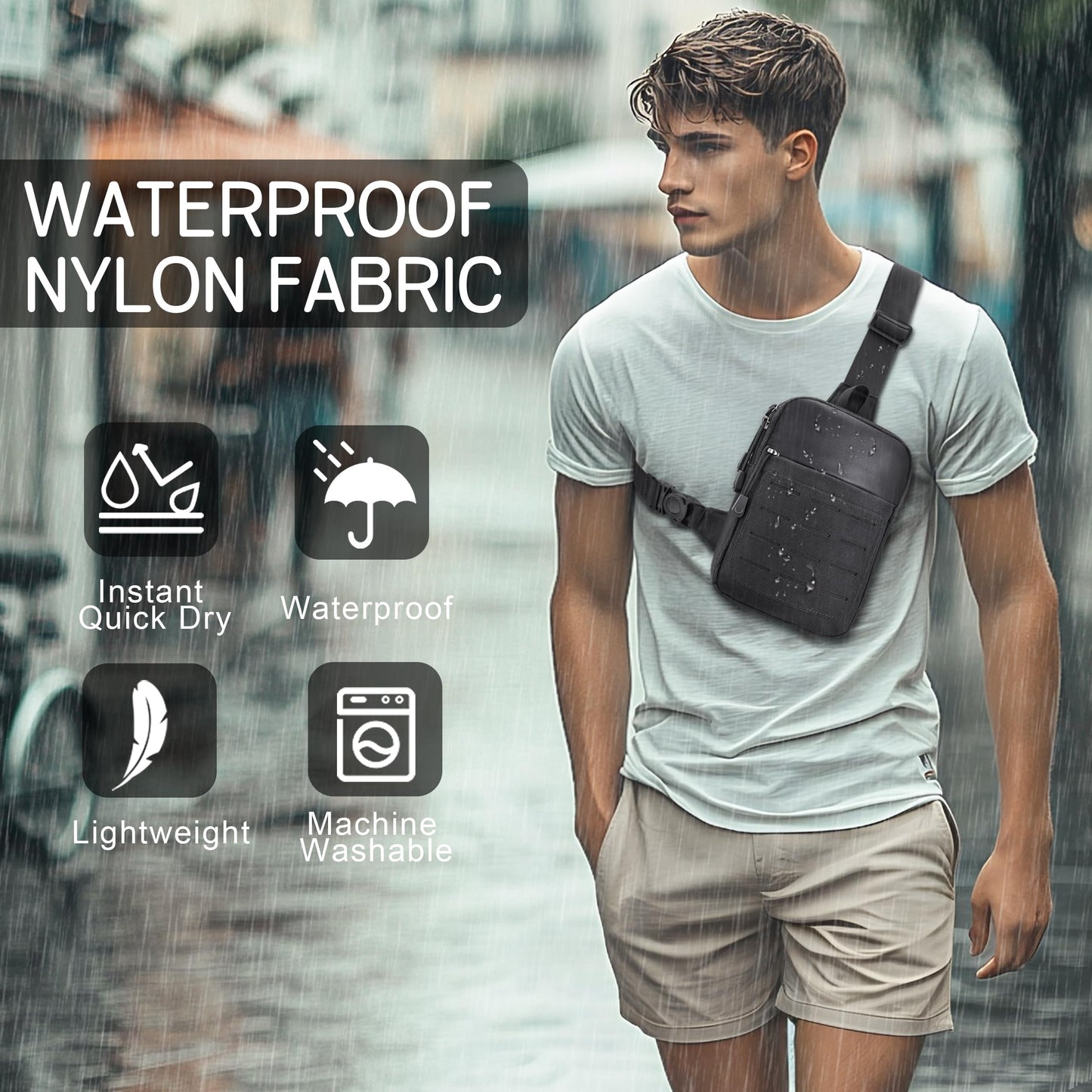 MOZETO Small Cross Body Bag, Mens Tactical Mini Sling YKK Zipper MOLLE Chest Bag Phone Holder Utility Chest Side Pack with 270° Buckle & Keychain
