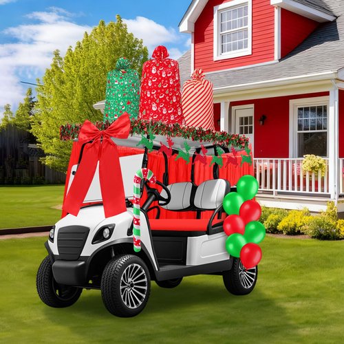 Soulchen 71 Pcs Christmas Golf Cart Decorations Xmas Gift Themed Decor Kit Jumbo Plastic Christmas Drawstring Gift Bags Balloons Tinsel Garlands Glitter Elk Banner Giant Bow for Golf Cart Supplies
