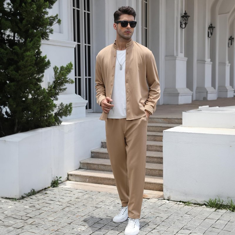 FZNHQL Outfits 2 Piece XXL Men Set Fashion Shirt and Pants Combo Tracksuit Sport Two Piece Trendy Long Sleeve Track Suit Set Khaki Brown XX-Large