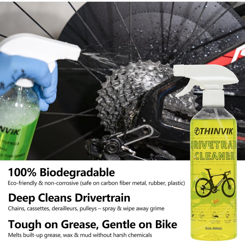 Thinvik Bike Lube and Cleaner Set with 500ml Chain Cleaner, 60ml Dry Lubricant and 4 Brush Tools for Cleaning Chains, Chainrings, Freewheel/Cassette