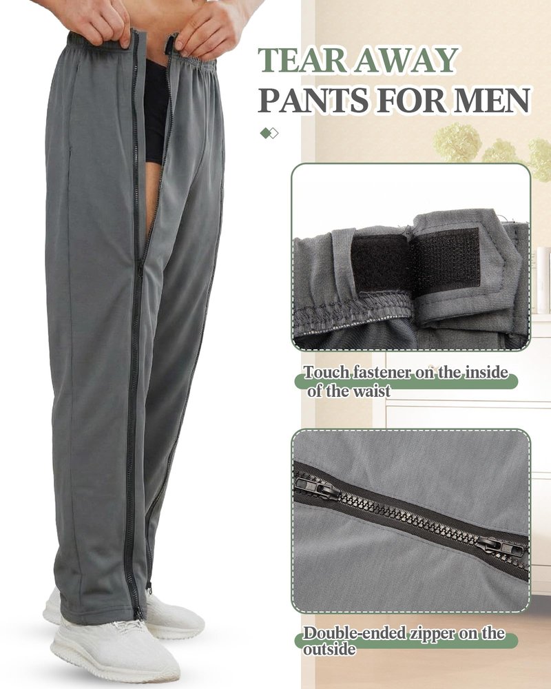 Wovnet 2 Pack Tear Away Pants for Men Sweat Basketball Front Zippers Full Open Sweatpants Post Surgery Pants(L) Black, Dark Grey