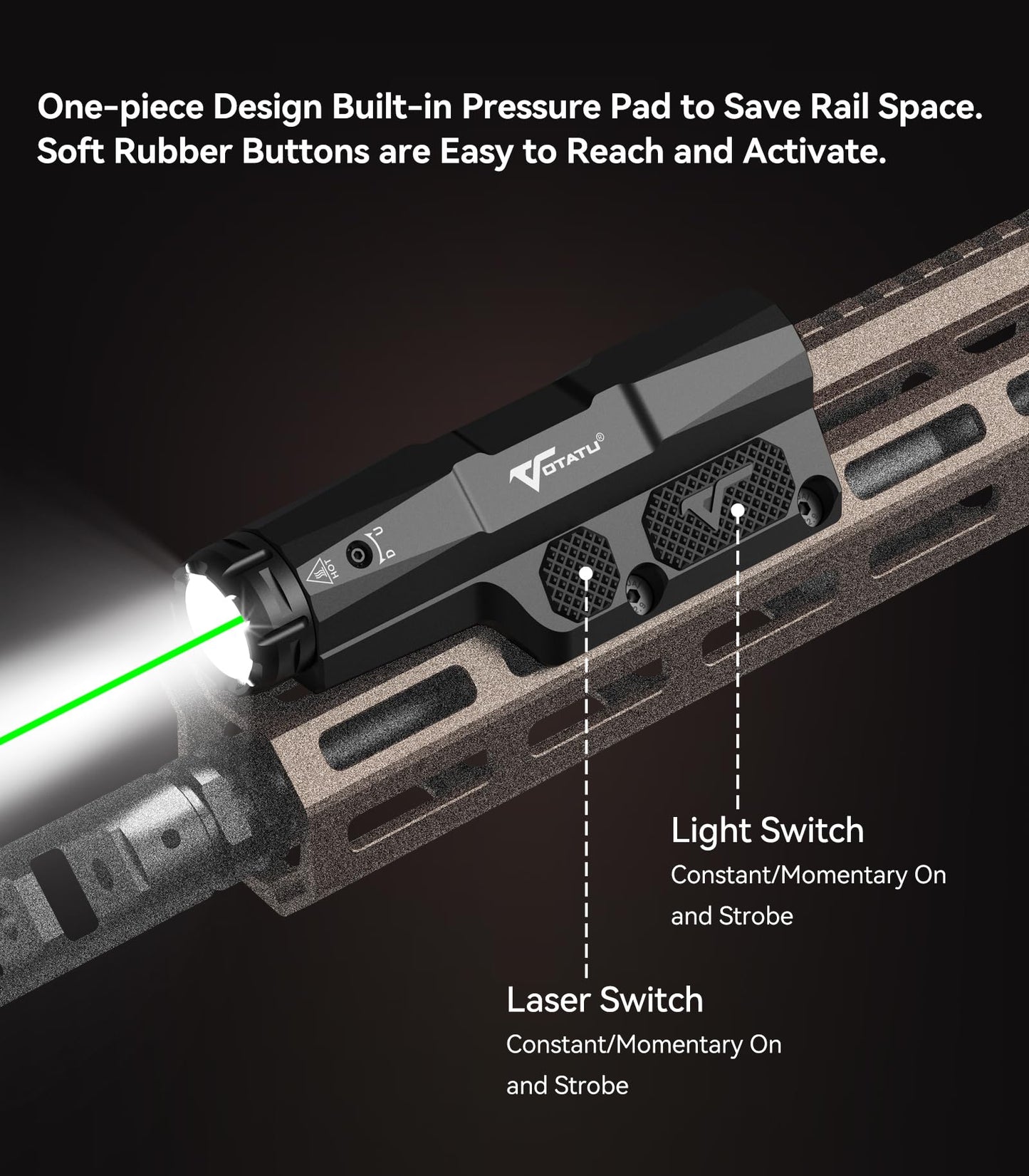 VOTATU M8L-G 3000 Lumens Light Laser Combo Compatible with Mlok/Picatinny, Strobe Function Flashlight and Green Laser Beam with Easy Touch Pad Switch, USB Magnetic Rechargeable Light for Rifle