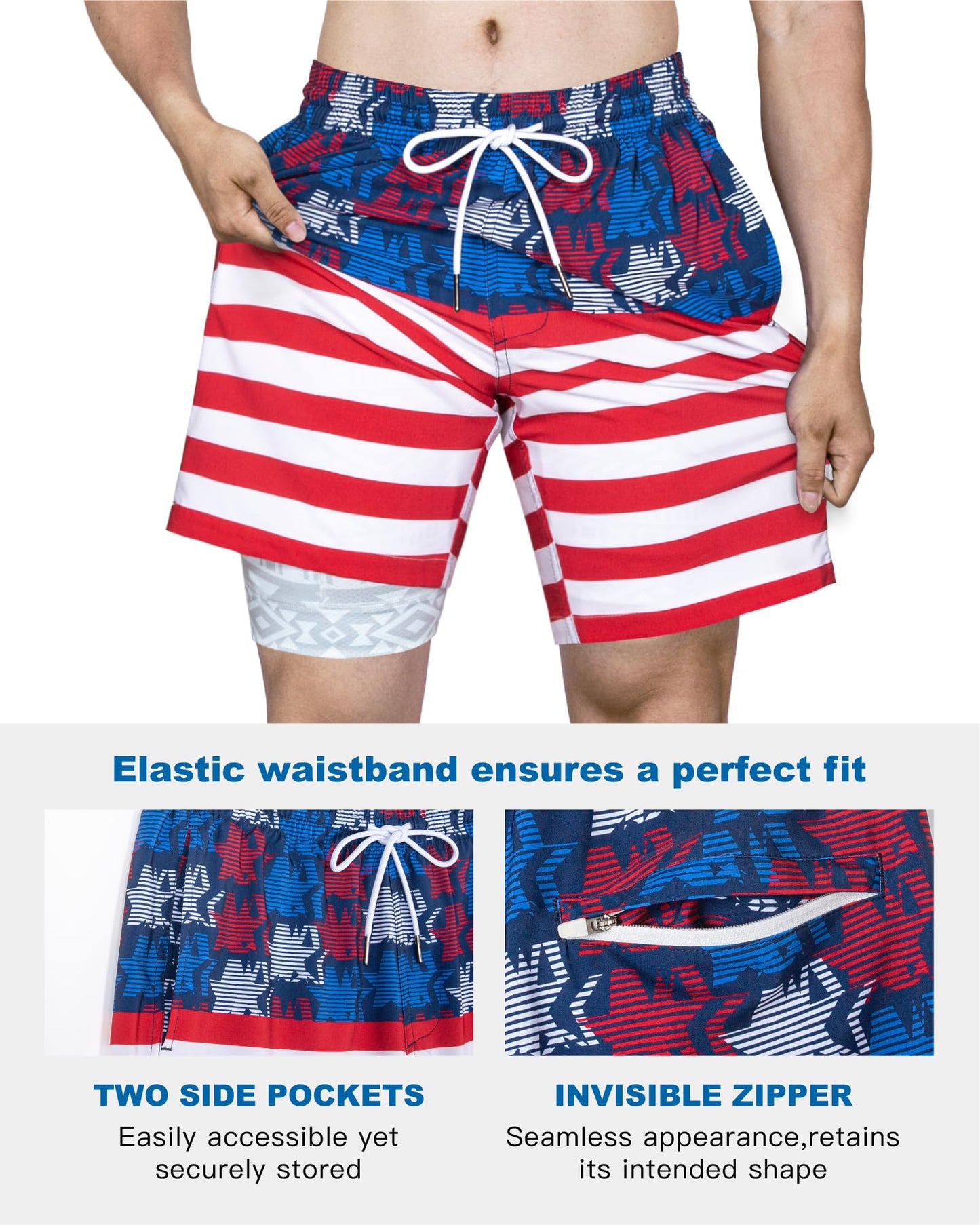 SURF CUZ Mens Swim Trunks with Compression Liner Quick Dry Swim Shorts 7" Swimming Trunks Stretch Bathing Suit 7 Inch,American Flag,L