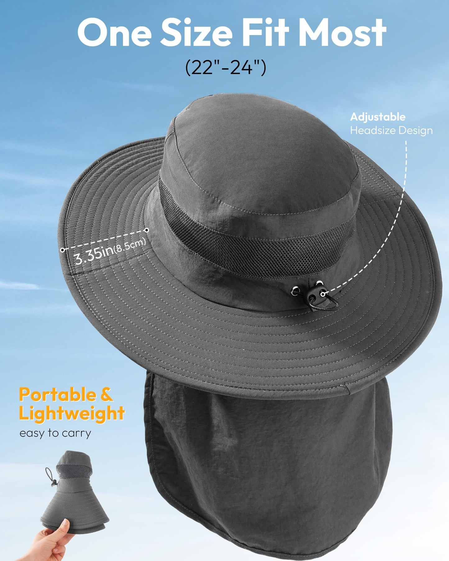 OLIKER Sun Hats for Men Wide Brim Bucket Hat with Neck Flap for Fishing & Hiking Mens Sun Hat for UV Protection (US, Alpha, One Size, Dark Grey)