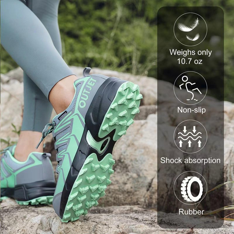 OUTJET Women's Waterproof Hiking Shoes Lightweight Non-Slip Trails Walking Shoes Outdoor Sneakers Green