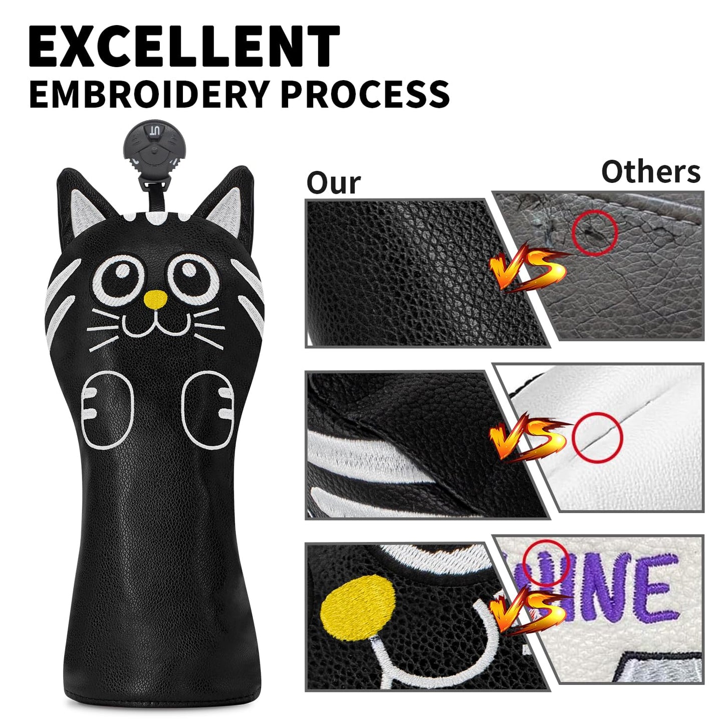 Golf Kitty Head Cover Golf Club Black Leather Headcovers Set Fits Driver Fairway Wood Hybrid Utility Putter Iron Wedge Headcover.
