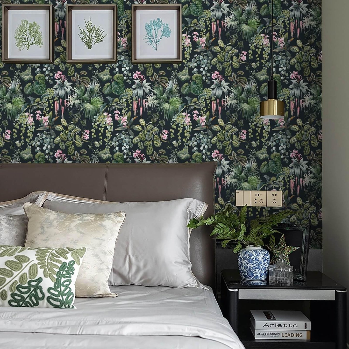 Ismoon Green Wallpaper Peel and Stick Vintage Floral Stick on Wall Paper 16.1x78.7in Moody Tropical Contact Paper Jungle Dark Botanical Leaf Removable Self Adhesive Wallpaper for Bedroom, Black/Green