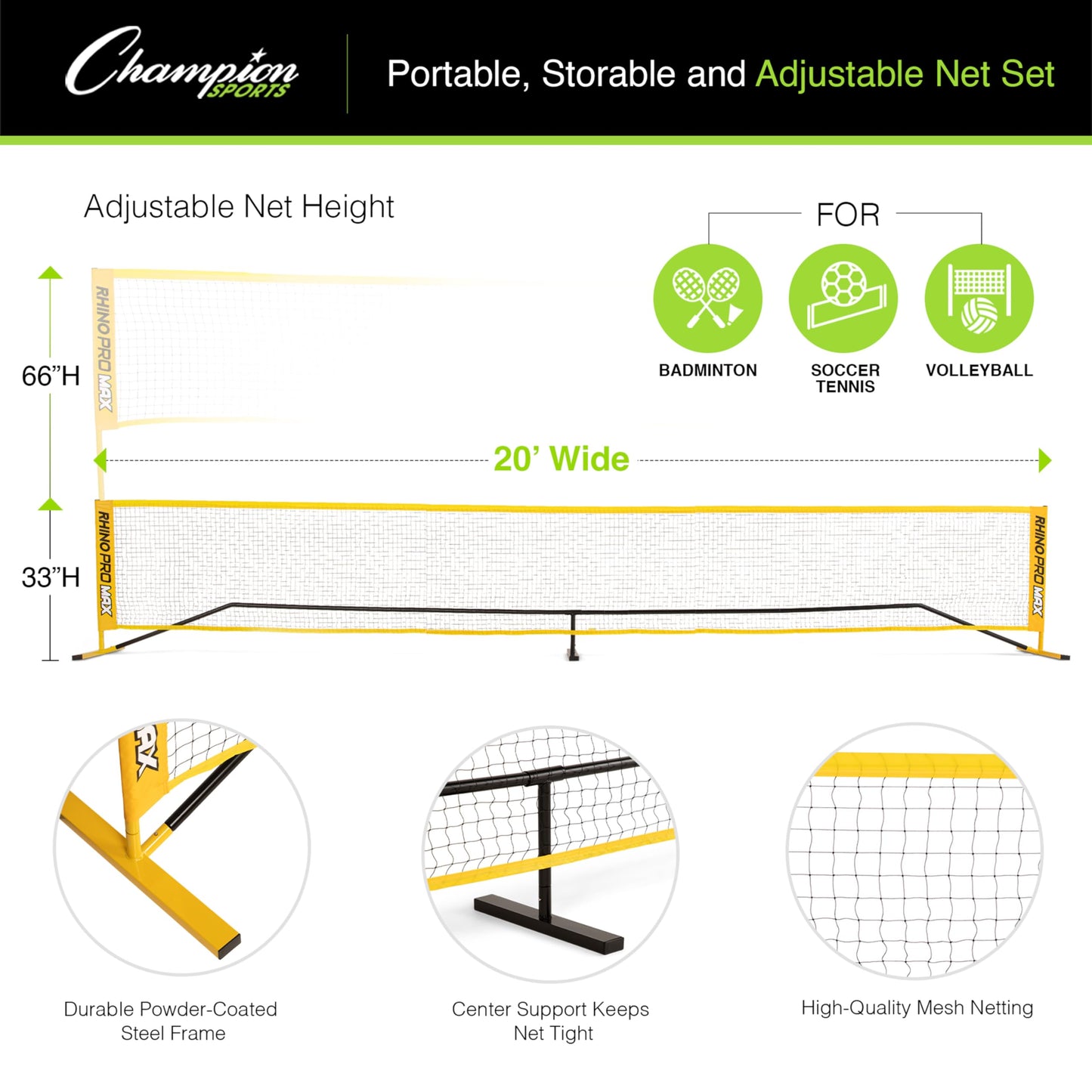 Champion Sports RHINO Port-A-Net Set – 10' Adjustable Racquet Sport Net with Carry Bag, Portable Steel Frame Net System for Pickleball, Tennis, Badminton & Volleyball - 33" to 66" Height