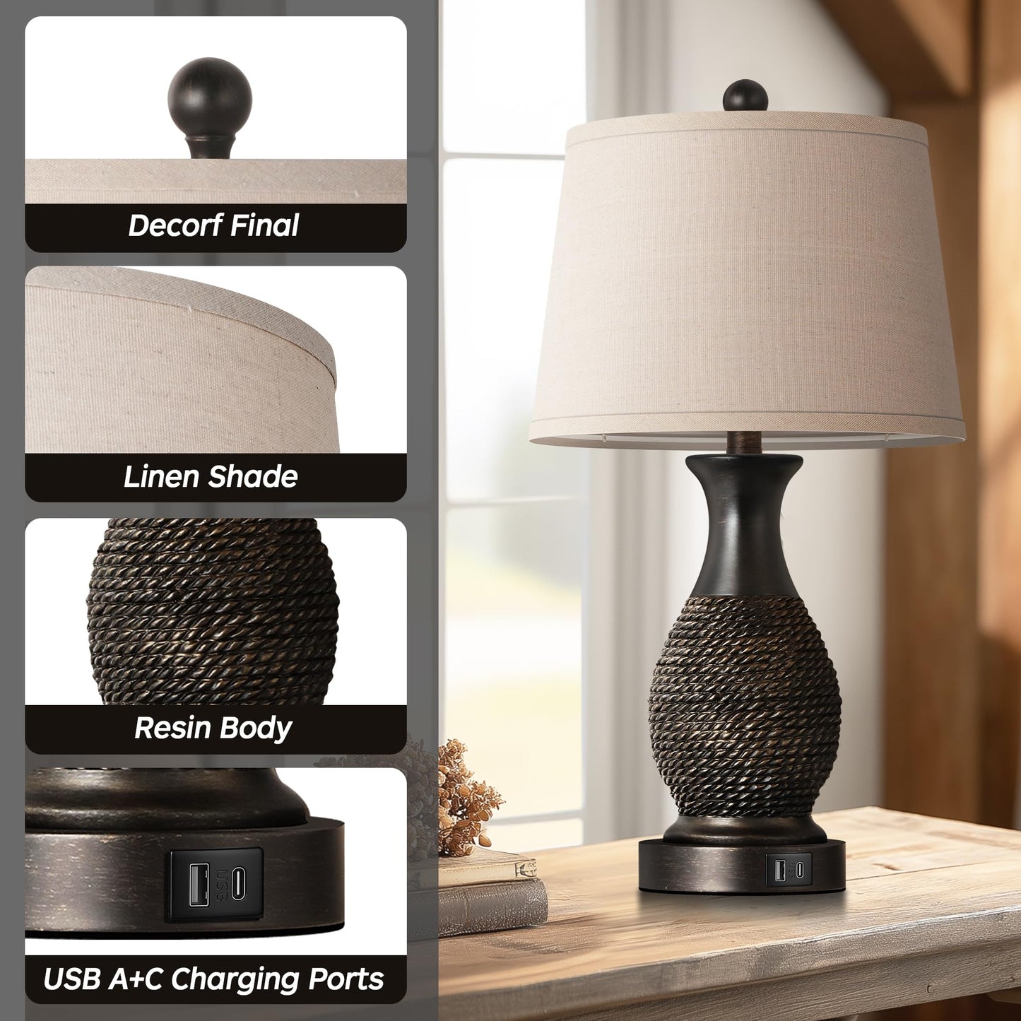 PARTPHONER Table Lamps Set of 2, Bedside Touch Lamp with USB C+A Charging Ports, Side Table Lamp with Linen Fabric Shade (LED Bulbs Included), Black with Gold Accents
