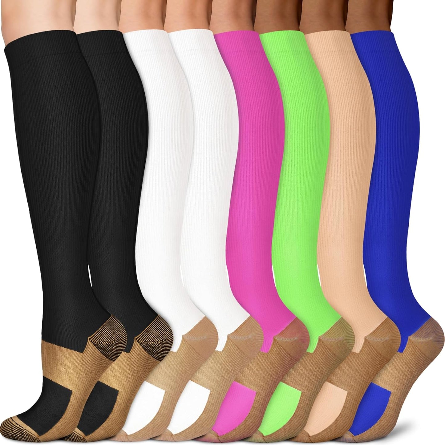 Sooverki Copper Compression Socks - 8 Pack Knee High Stockings for Men & Women | 15-20mmHg Support for Running