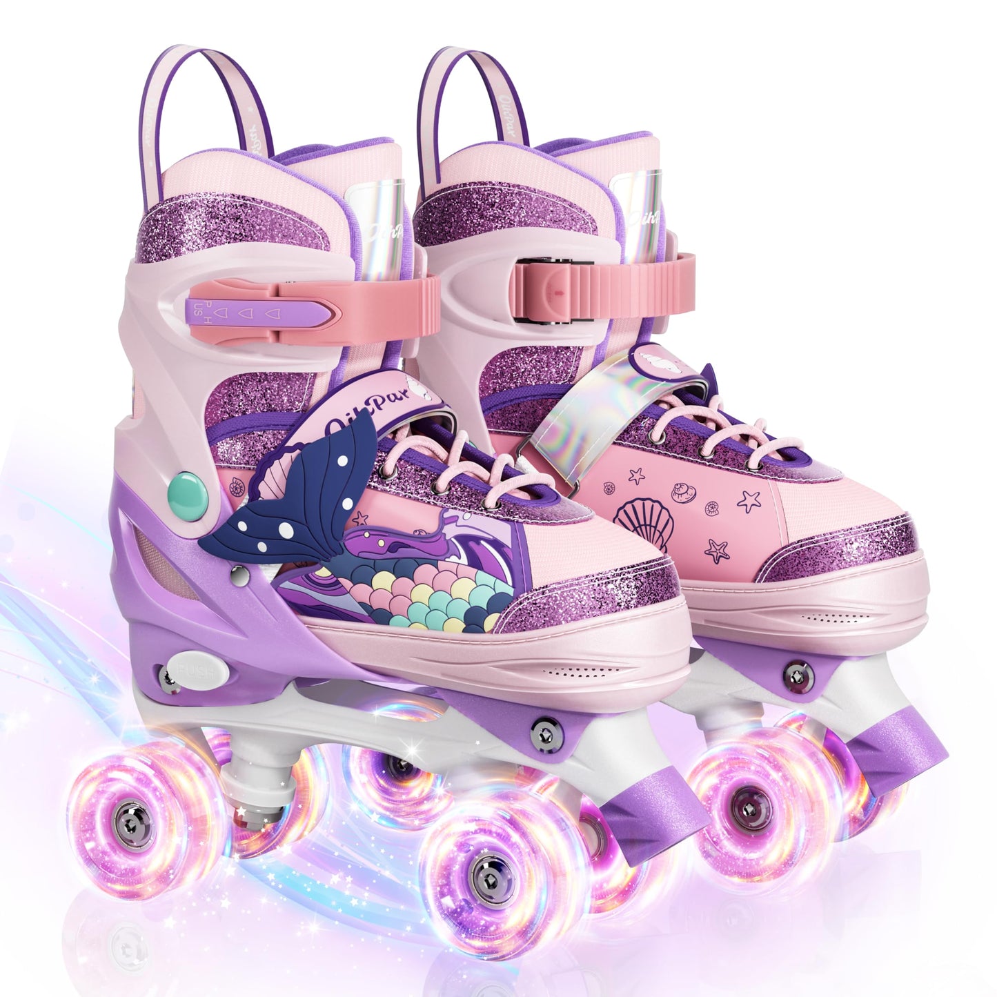 4 Sizes Adjustable Kids Roller Skates, Kids Roller Blades with Triple Safety Straps & LED Light Wheels Perfect for Beginners, Ideal Gift for Boys & Girls (Pink, Small(9C-12C))