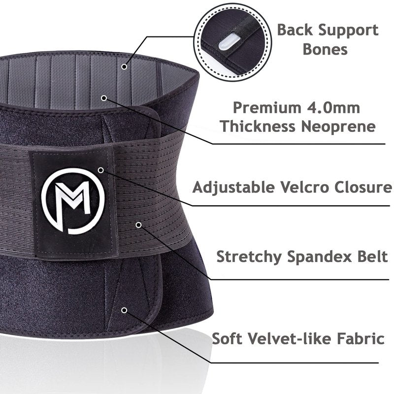 MERMAID'S MYSTERY Waist Trimmer with Back Support Bars – Sweat Enhancing Fitness Belt for Men & Women – Extra Core Comfort & Premium Quality - Black L