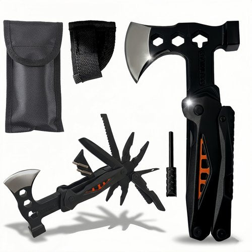 18-in-1 Multitool Hatchet Camping Axe with Hammer & Knife with Protective Sheath, Survival Gear for Men Dad, Emergency Car Tool & Hiking Accessories, Cool Gadgets for Outdoor Hiking Emergency