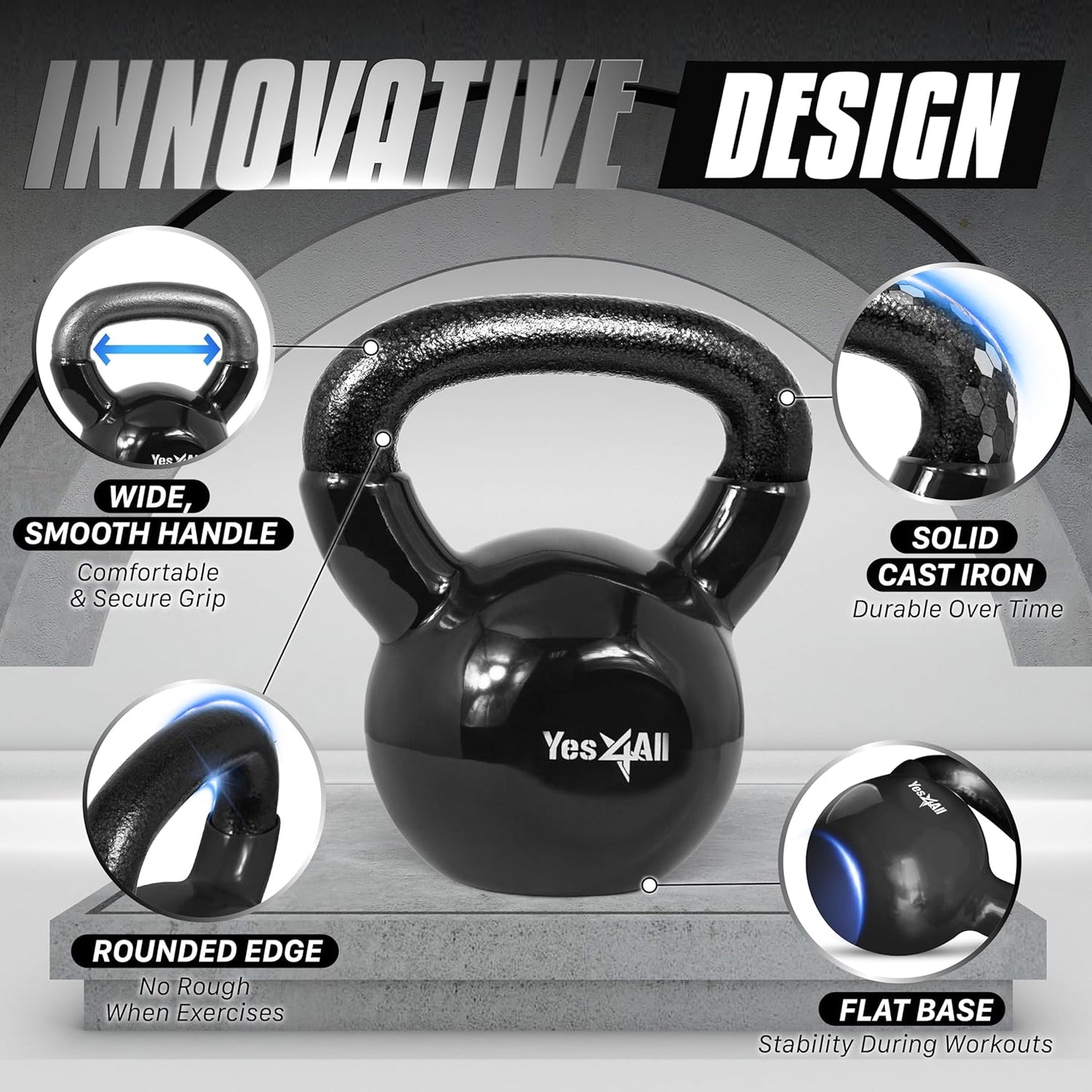 Yes4All Kettlebell - Vinyl Coated Cast Iron Set with Stable Flat Bottom for Full Body Workouts