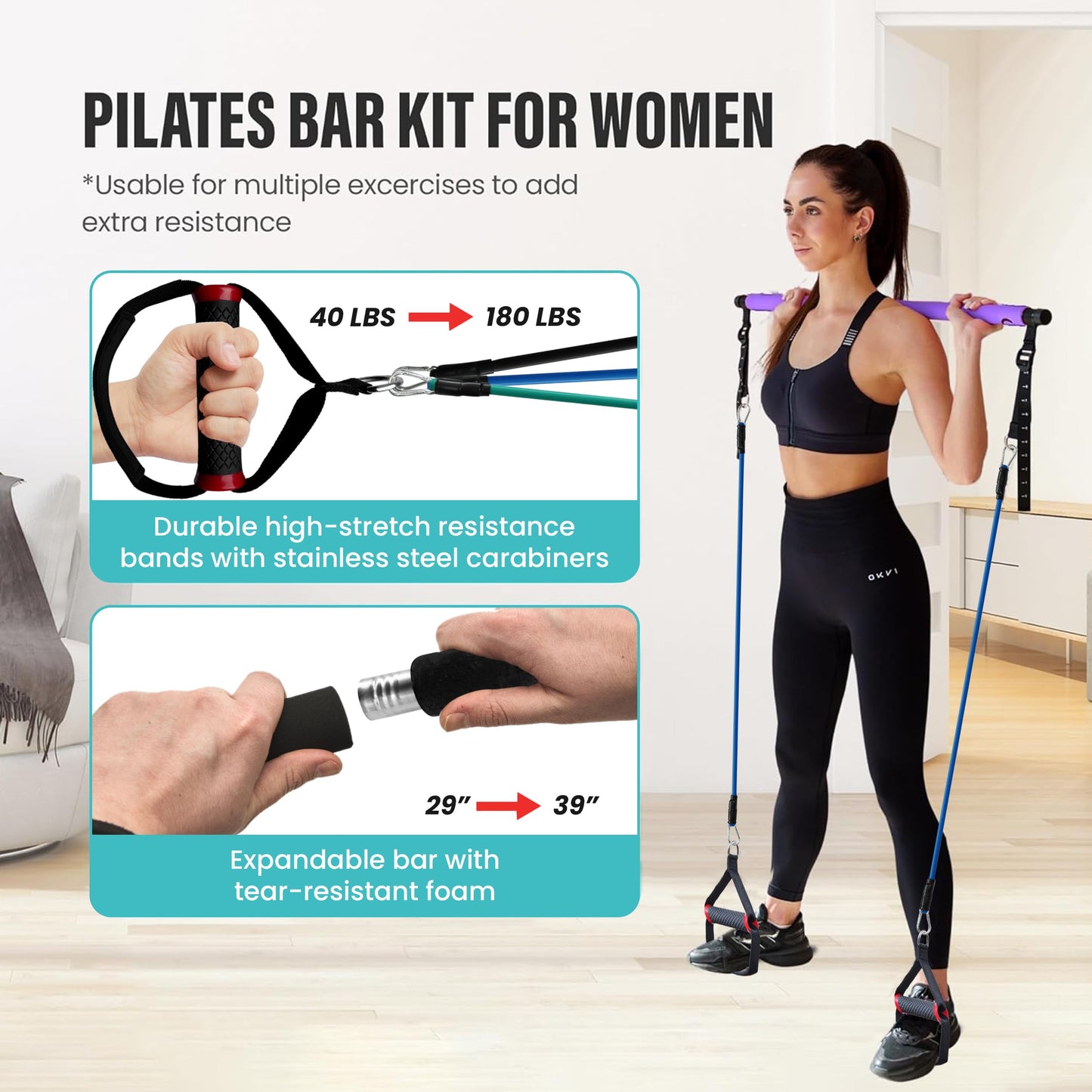 Pilates Bar Kit with Resistance Bands – Adjustable 39” Steel Bar & 6 Stackable Bands (40-180lbs), Full Body Pilates Kit for Home Workouts for Women & Men, Portable Pilates Reformer Strength Training