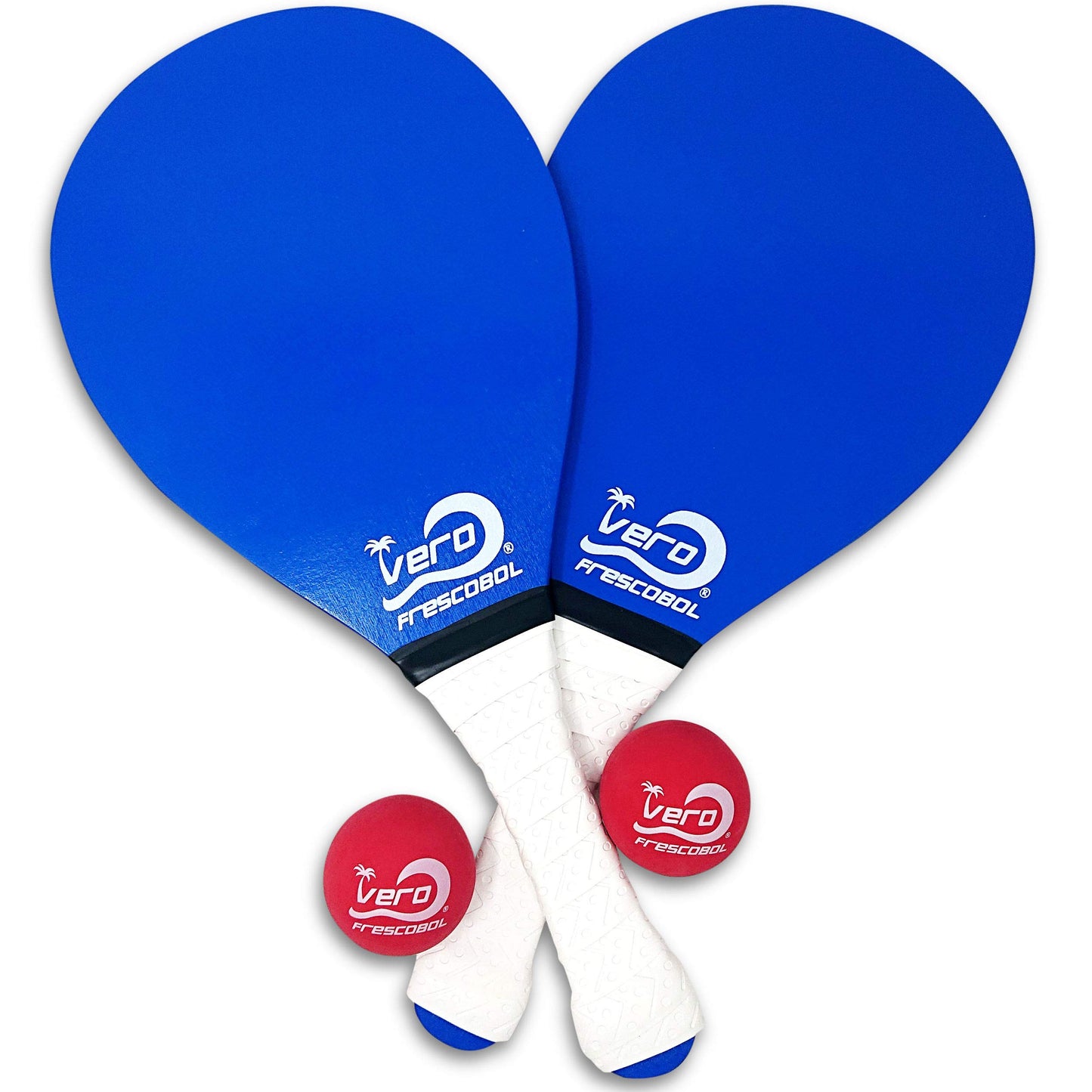 Frescobol Starter Set – 2 Vero Wood Beach Paddles with Premium White Padded Grips, Beach Bag, 2 Official Red Balls