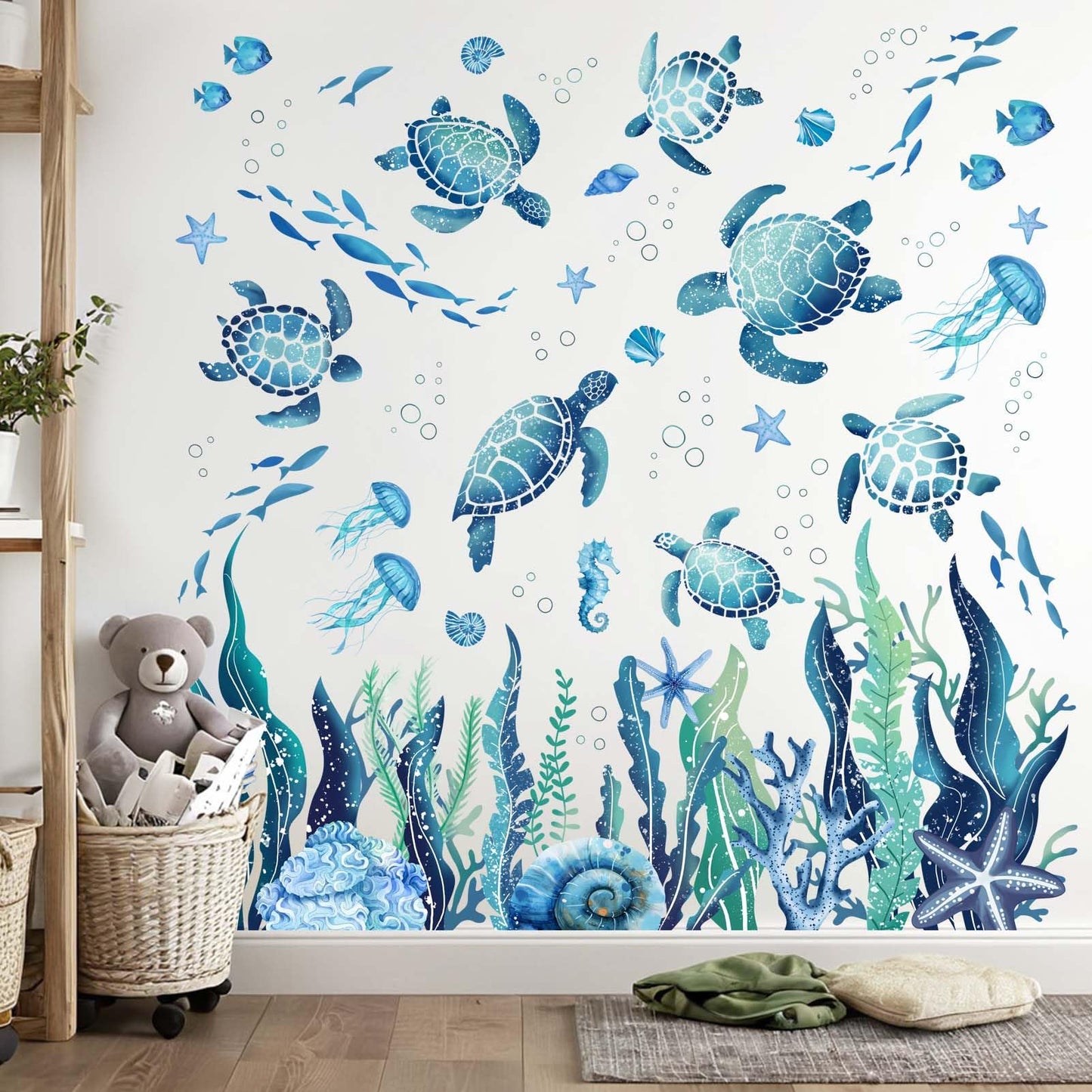 Amimagen Ocean Sea Turtle Wall Stickers - Under The Sea Marine Theme Seaweed Grass Wall Decals - Baby Nursery Kids Bedroom Daycare Bathroom Wall Decor Stickers