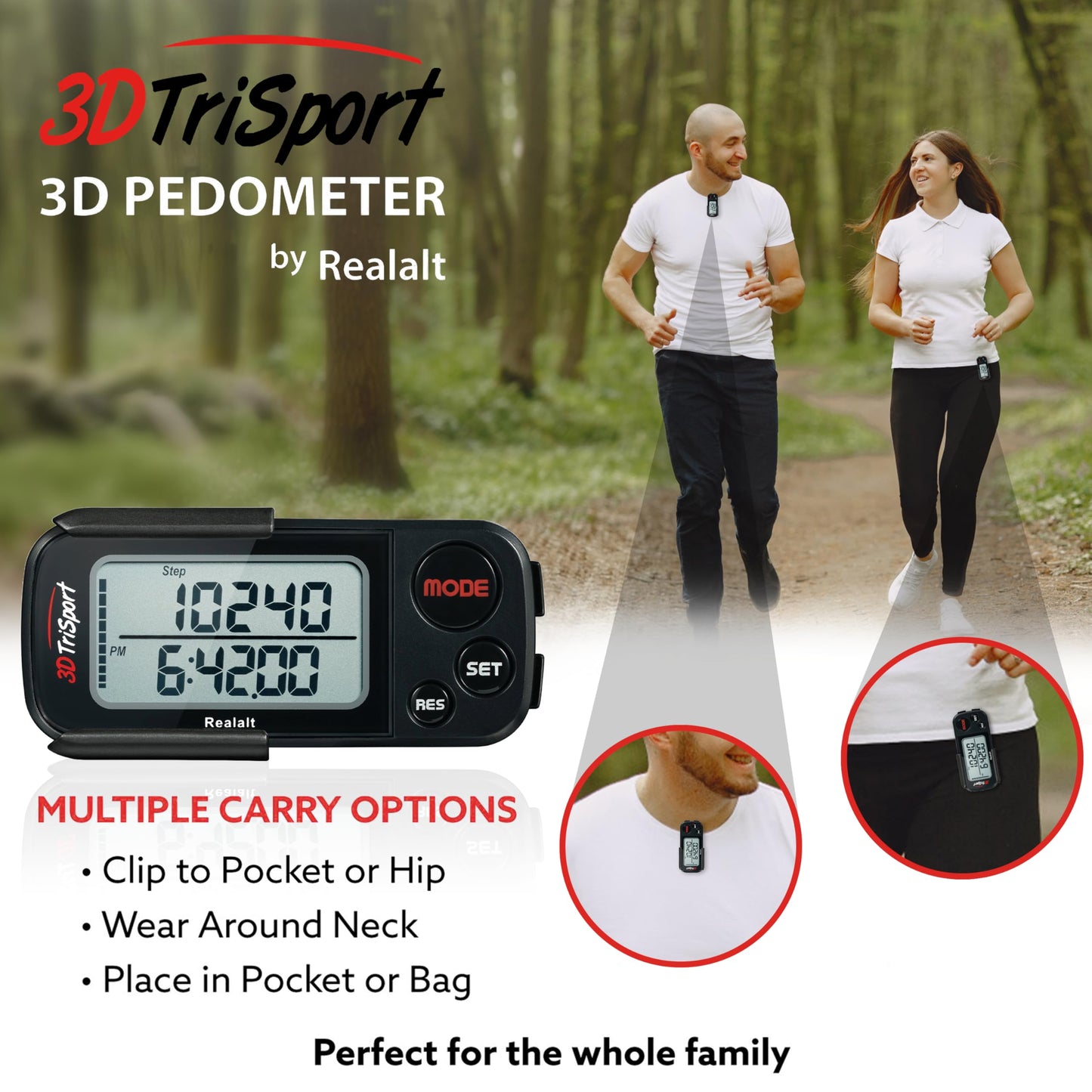Realalt 3DTriSport 3D Walking Pedometer with Clip & Strap, Accurate Step Counter with 30-Day Memory, Distance in Miles/KM Large Display Perfect for Seniors & Beginners eBook Included - Stealth Black