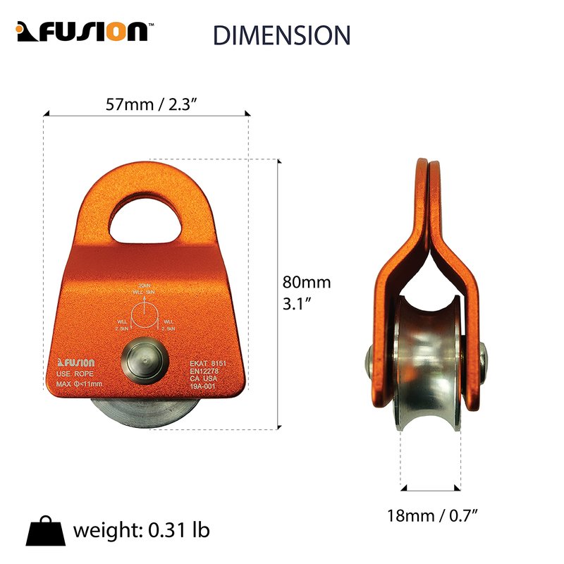 Fusion Climb Mirco Aluminum Side swing Pulley, Single pulley 20kN for backyard Zipline, Trolly, Climbing Rescue, Rigging Arborist TAA approval