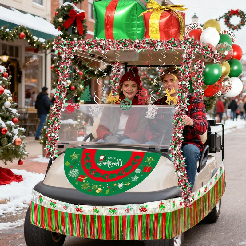 53Pcs Christmas Parade Golf Cart Decoration Set Include Christmas Banner Xmas Snowflake Garland Gift Wrap Xmas Spiral Decorations Balloons for Golf Cart Decor