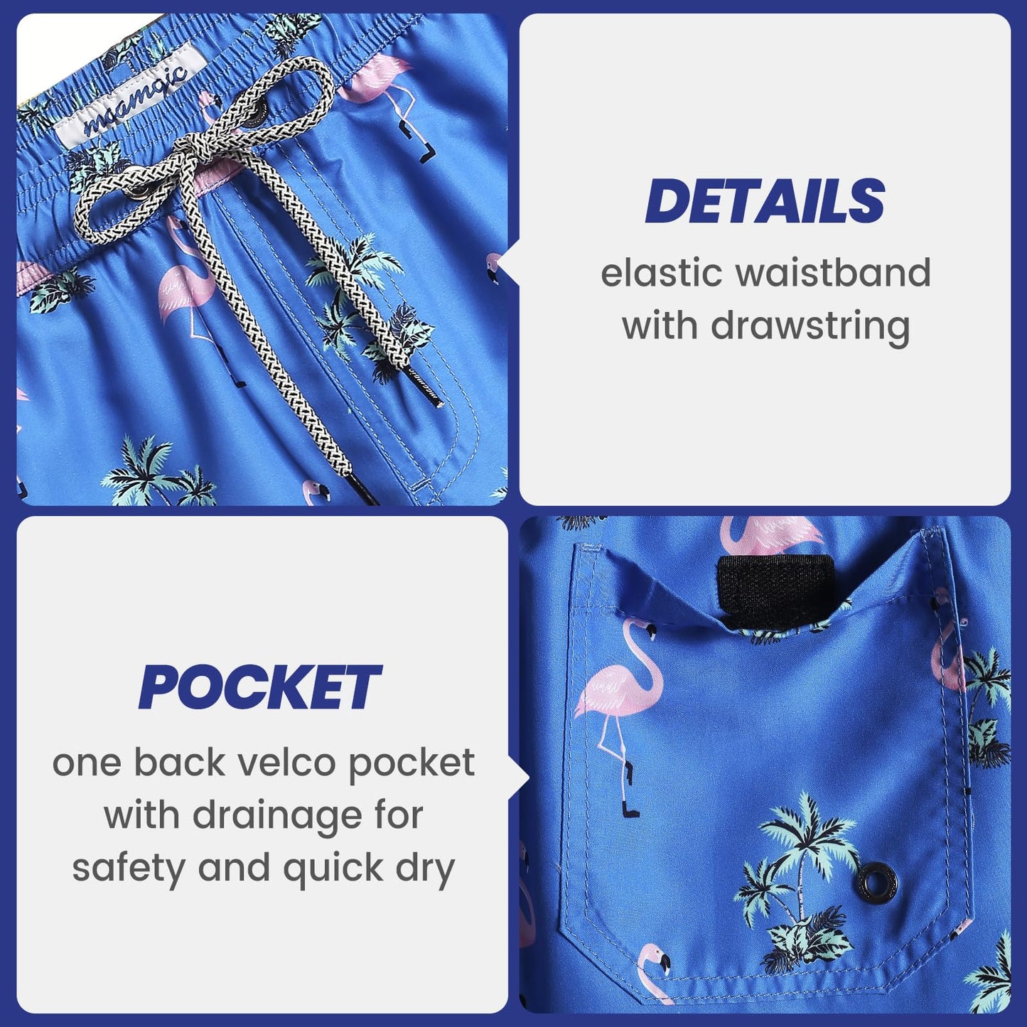 maamgic Mens Swim Trunks Quick Dry Swim Shorts with Mesh Lining Funny Swimwear Bathing Suits 7inch Flamingo N Tree Blue Small