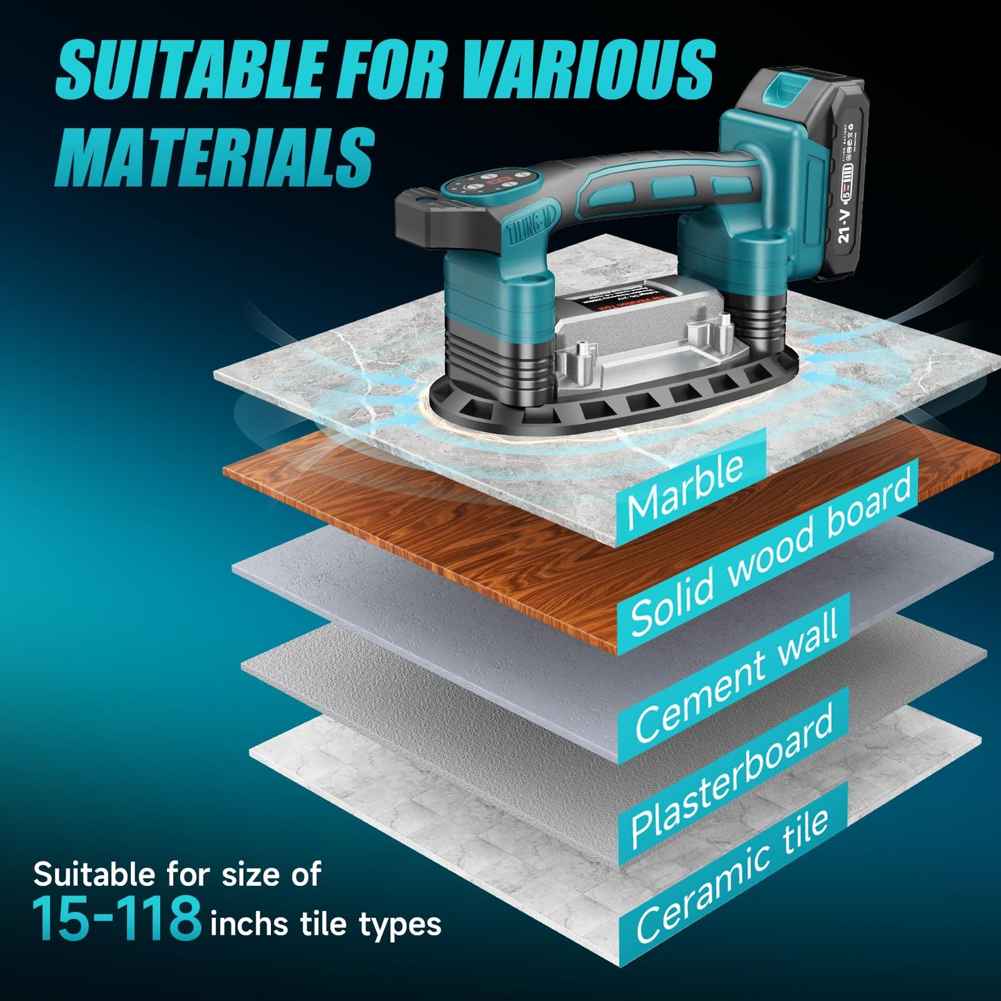 Cordless Tile Vibration Tool, Tile Vibration Leveling Machine with 2 × 1500mah Batteries, Max 28000r/Min 9 Adjust Speed 3-In-1 Portable Tile Suction Cup Tool for Tile, Wood, Floor, Wall