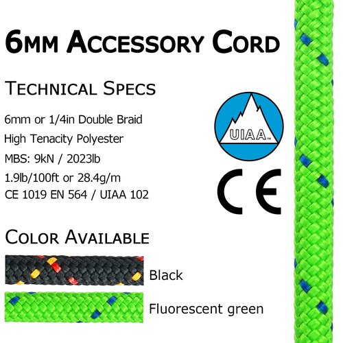 GM CLIMBING 6mm Accessory Cord Rope Double Braid CE/UIAA (Green, 20ft)