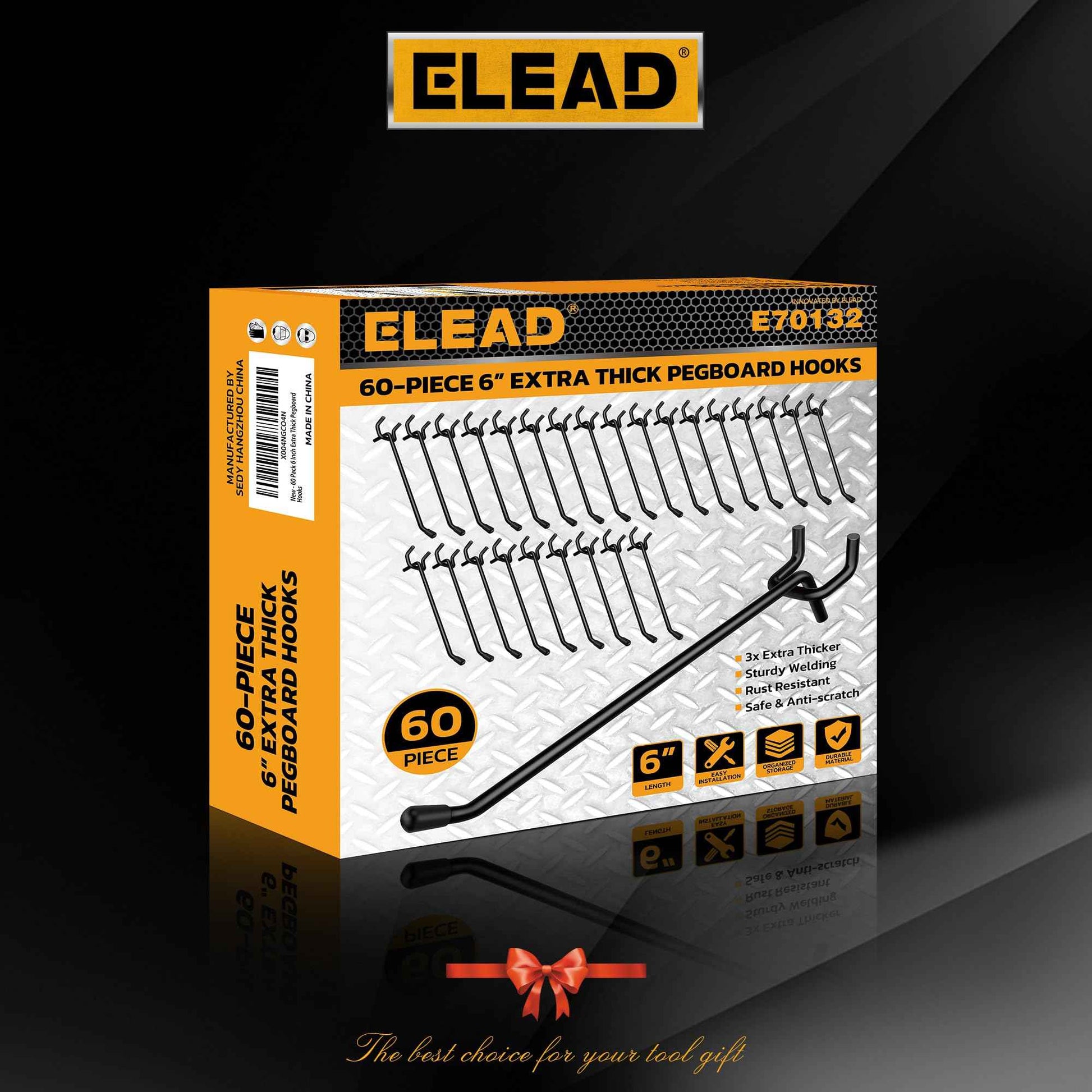 ELEAD 60-Piece 6 Inch Extra Thick Pegboard Hooks, Heavy Duty Peg Board Organizer Accessories, Peg Board Tool Hangers Fit for 1/4" Pegboard Hanging Tools Garage, Workshop, and Craft Storage