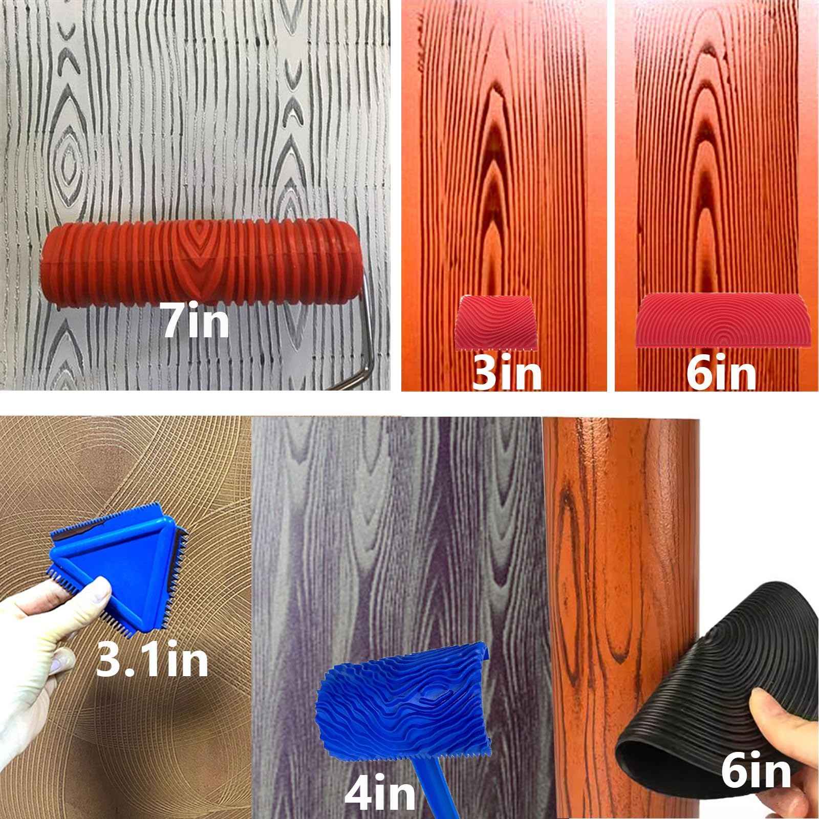 Wood Graining Tool Set, 6pcs 7" Fake Wood Grain Roller Rubber Graining Tool Paint Look Like Wood DIY Painting Tool with Handle for Walls Room Art Paint Decoration