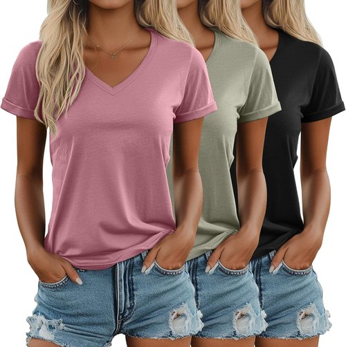 Ficerd Women's V-Neck T-Shirts - Casual Summer Short Sleeve Tops | 3-Pack Loose Fit Tees