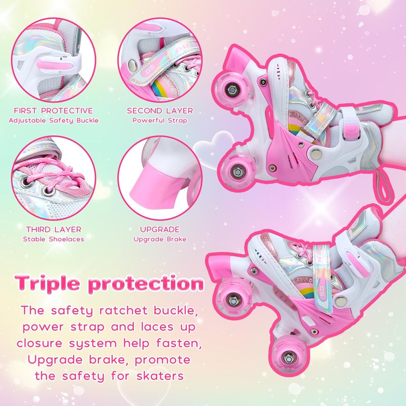 Kids Roller Skates for Girls and Boys, 4 Size Adjustable Rainbow Girls Skates with Light Up Wheels, Toddler Skates for Boys, Beginner Kids Roller Skates Indoor Outdoor