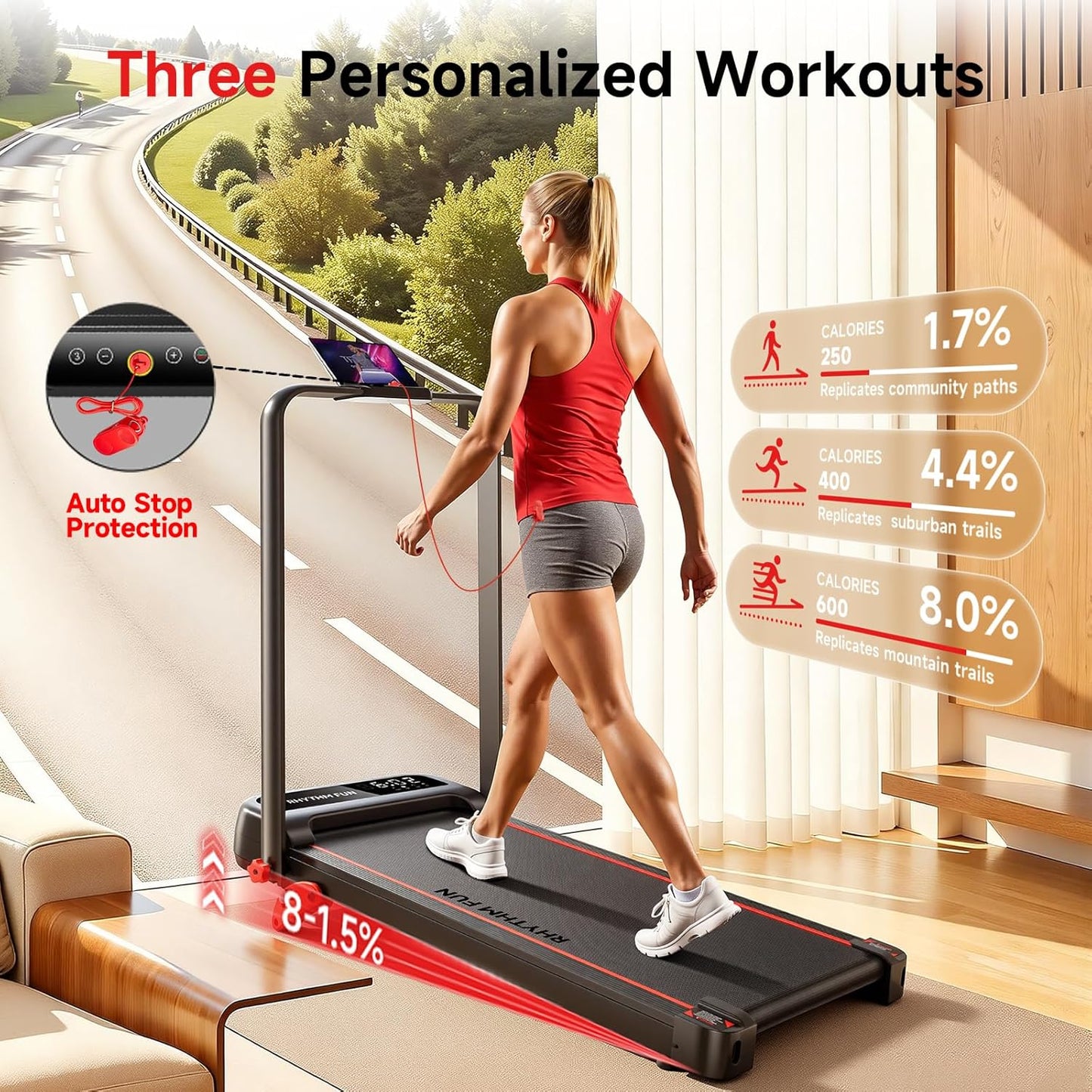 RHYTHM FUN Treadmill - Portable Folding Walking Pad with Incline & Handle Bar | Supports 300lbs, Low Noise