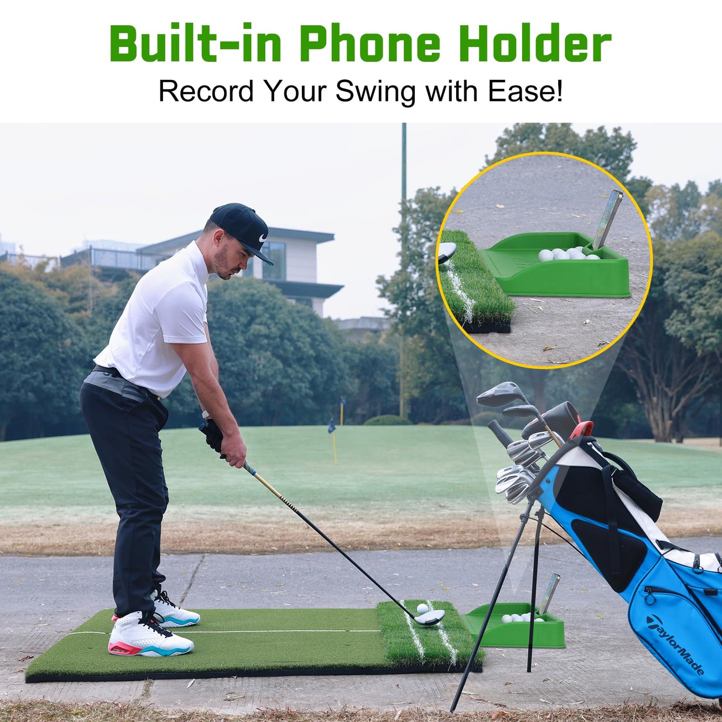 DCQ Commercial Golf Ball Tray with Cell Phone Holder – 100 Ball Capacity, Heavy-Duty Rubber, Compatible with All Golf Hitting Mats – Indoor & Outdoor Training Golf Ball Holder for Mat