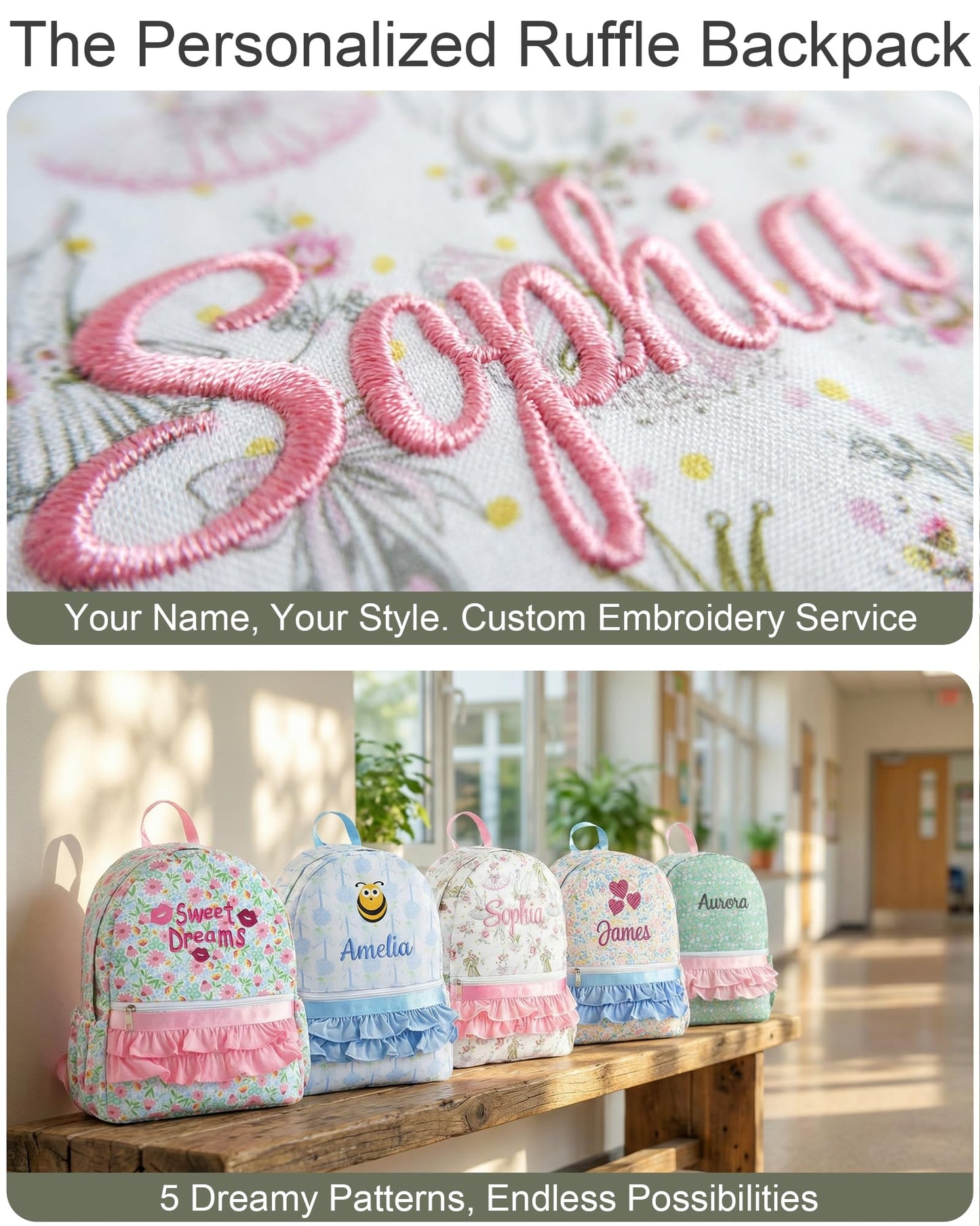 Personalized Backpack Custom Girls Preschool ruffle Bag,Ballet White