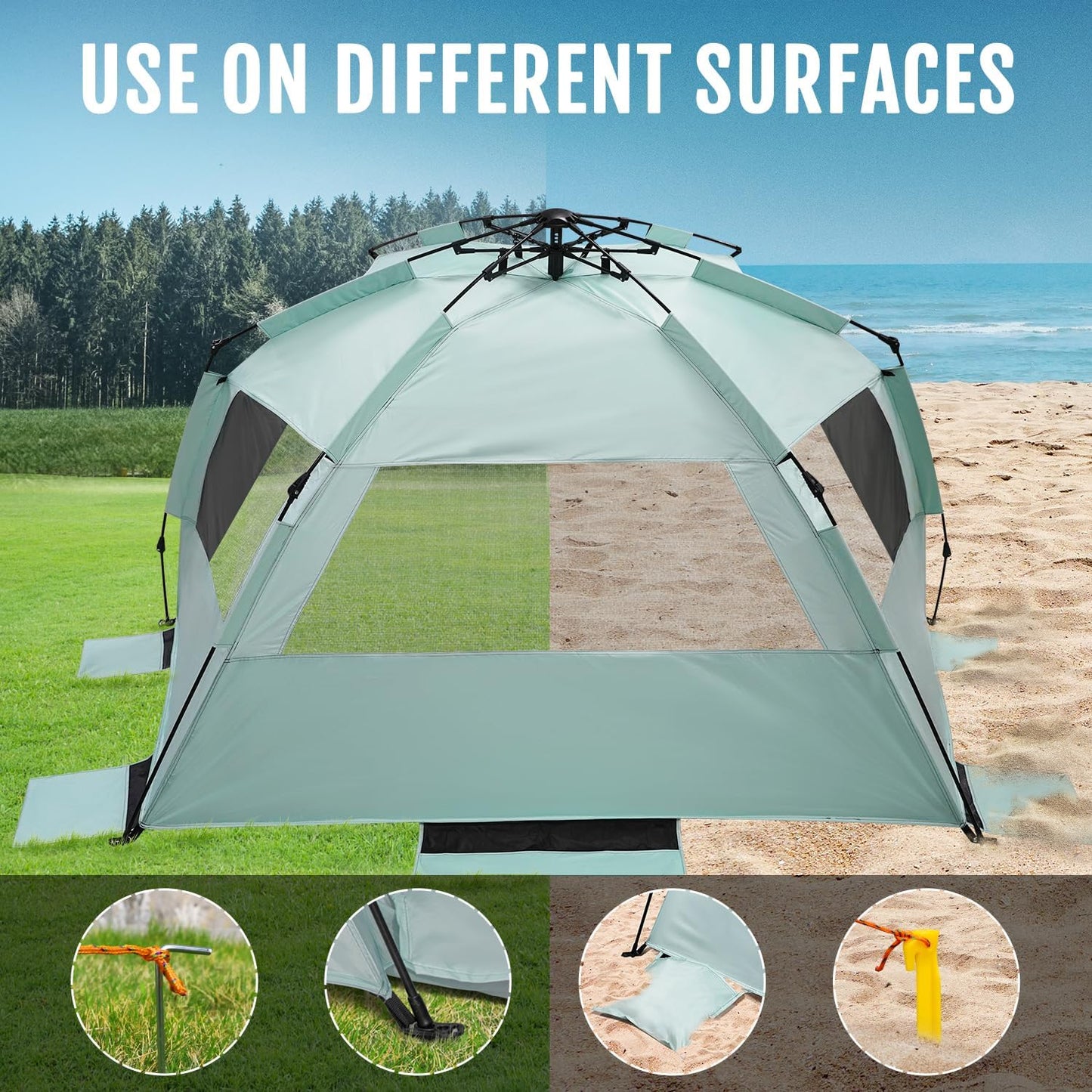 WhiteFang Deluxe Beach Tent - UV Protection Sun Shade Shelter for 3-6 People | Extendable Floor & Ventilating Windows