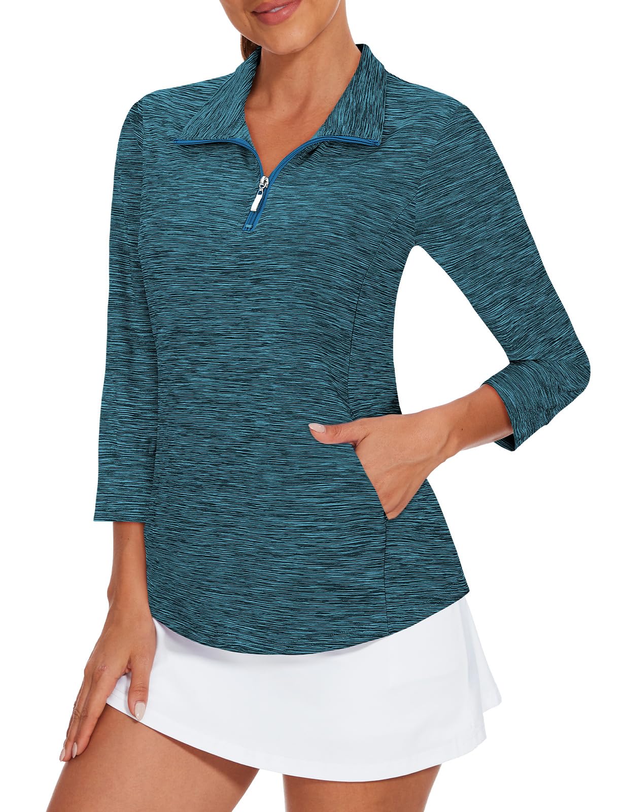 Viracy Women's Golf Shirts,Womens Tops 3/4 Sleeve Running Golf Shirt Quick Dry 3/4 Sleeve T Shirts 2-Buttons Polo Workout Tops UPF 50+ Shirts Blue L