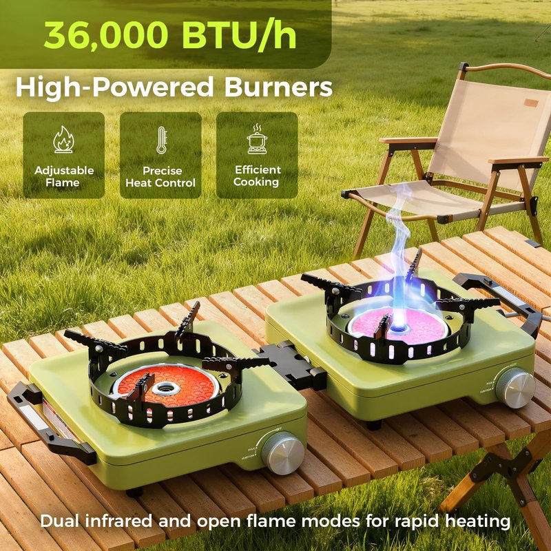 MoKo Propane Camping Stove 2 Burner, 36,000 BTU Infrared & Open Flame Hybrid, Windproof Folding Portable Outdoor Gas Cooking Kit with Frying Pan & Carry Bag For RV, Tailgating, Survival, Green