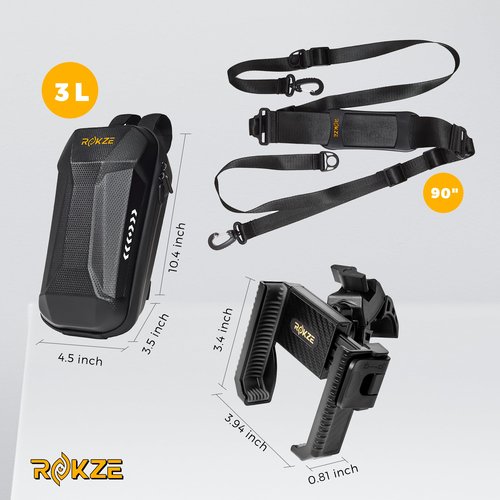ROKZE E-Scooter Kit: 3L Waterproof EVA Hard Shell Storage Bag, Scooter Phone Holder & 90" Scooter Strap - Essential Electric Scooter Accessory for Adult Urban Commuters