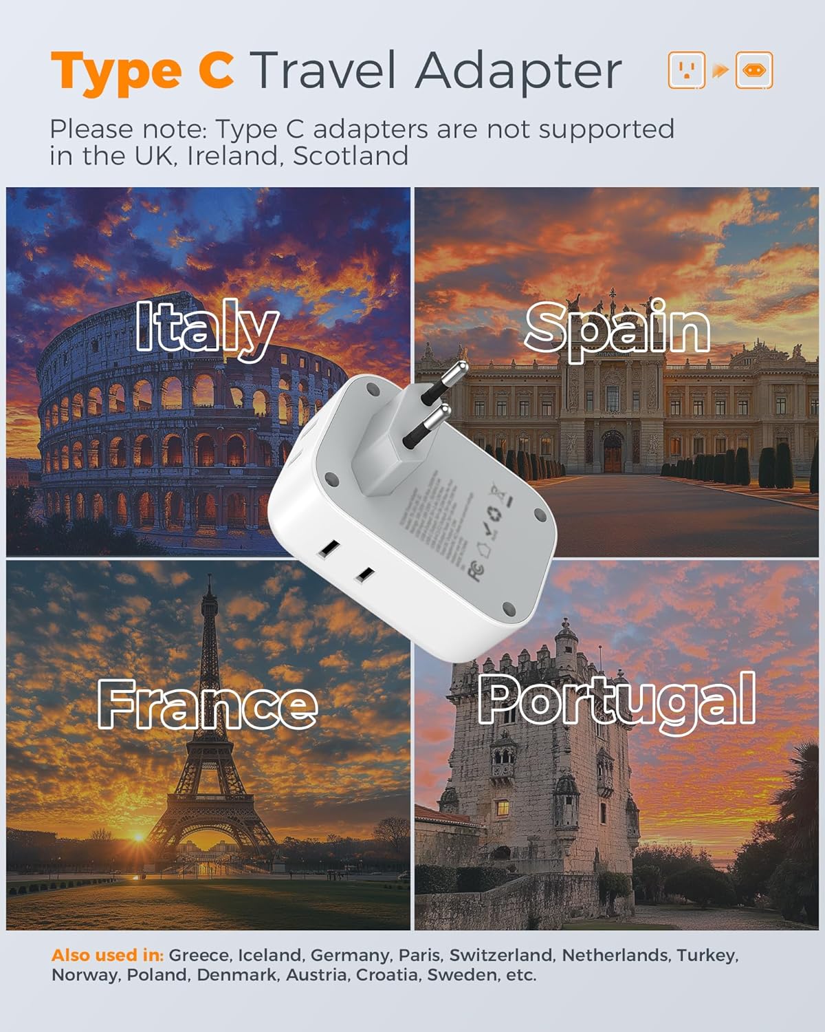 TESSAN European Plug Adapter - 2 Pack USB-C Travel Charger with 4 Outlets & 3 USB Ports for Italy, Spain, France, Germany