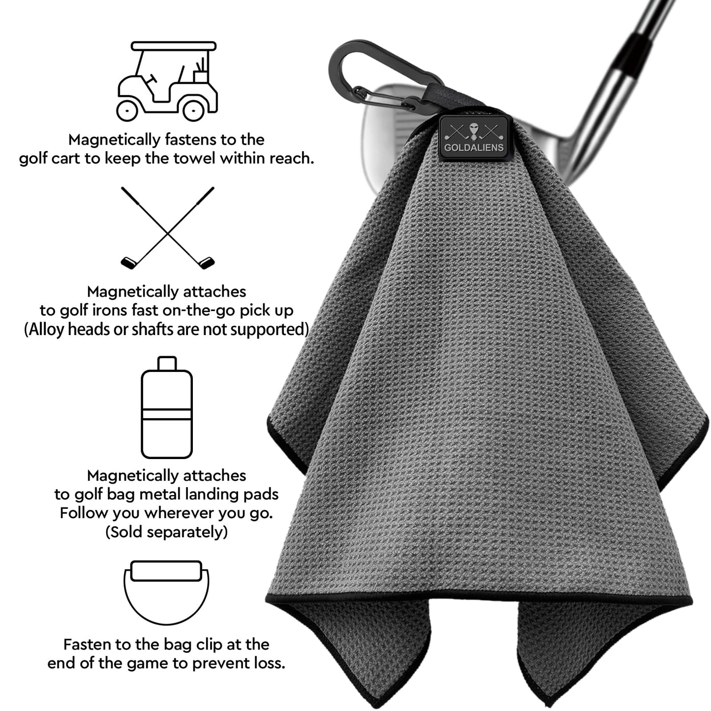 GOLDALIENS Magnetic Golf Towel for Men and Women with Clip,Printed Microfiber Waffle Design,Super Magnets Attached to Metal Landing Pads for Golf Carts, Clubs and Golf Bags, for Golfers