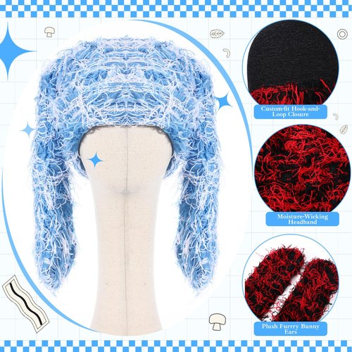 Cutecrop 3 Pcs Bunny Beanie Bunny Ears Hat Fluffy Warm Hat Faux Fur Fuzzy Y2k Furry Winter Hats Long Rabbit Ear Plush Beanie(Red and Black, Blue and White, Black and White)